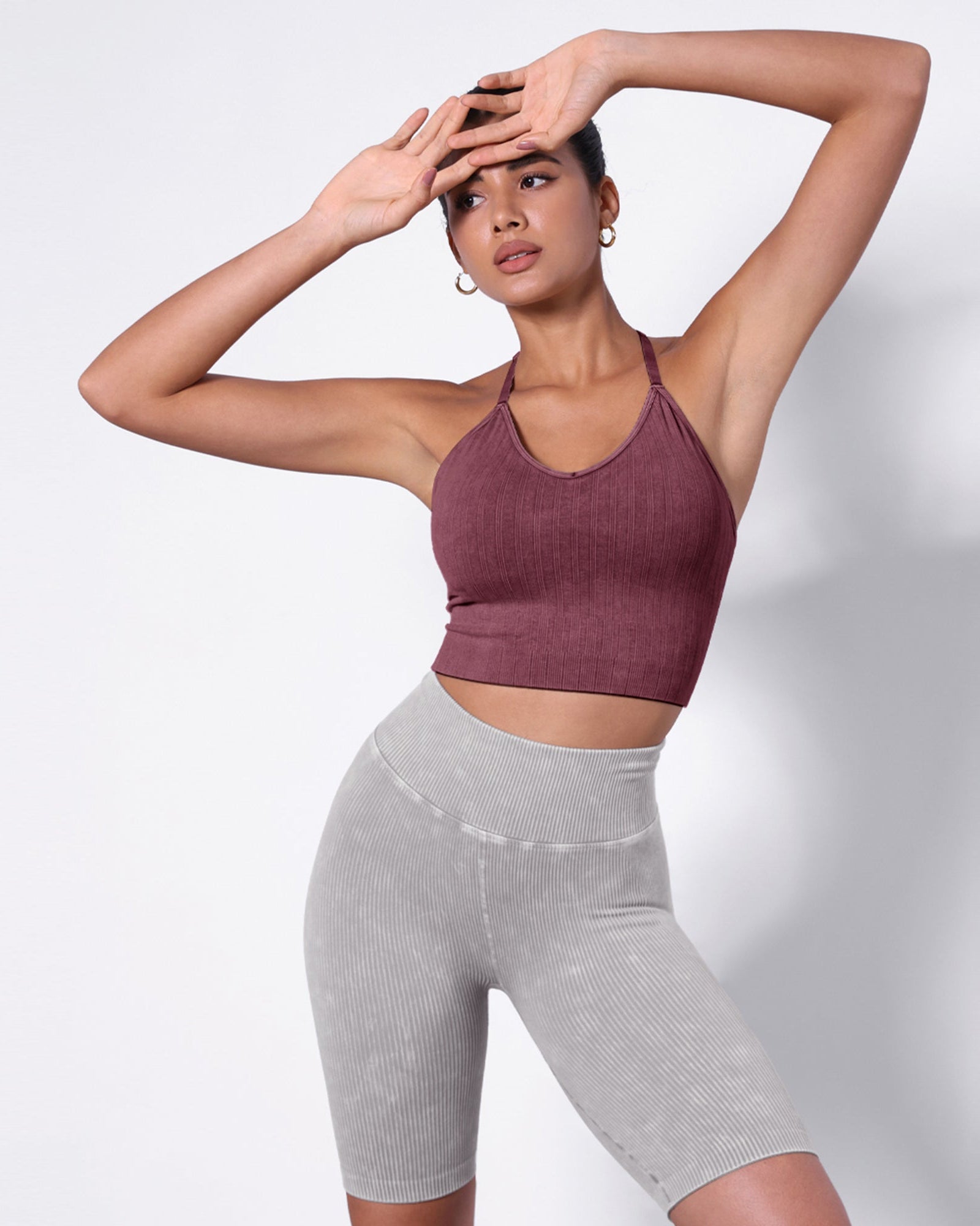 Seamless Strappy Sports Bra with Removable Pads Wine - ododos