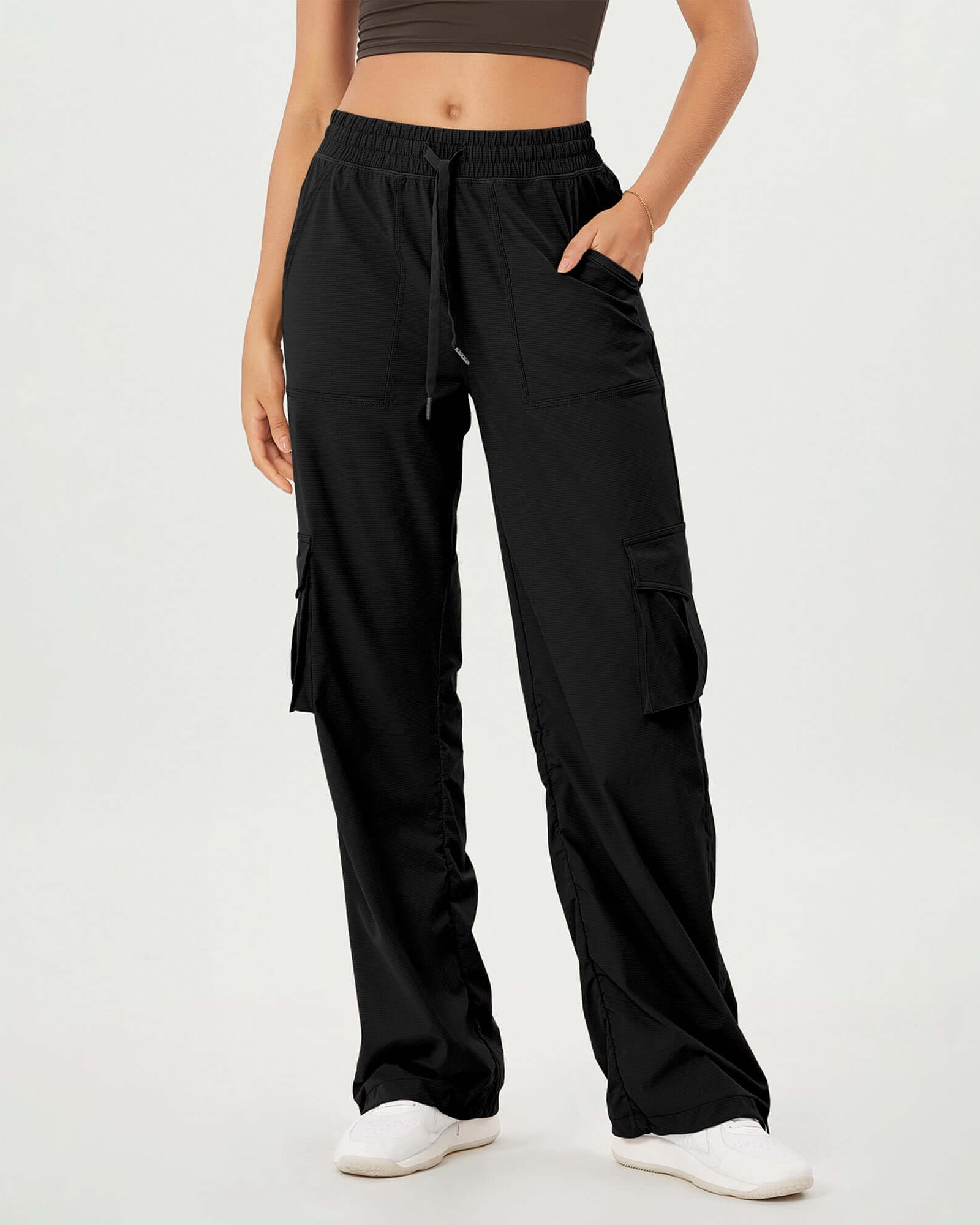 Stretch Woven Relaxed Cargo Cinchable Hems Casual Sweatpants with Pockets Black - ododos