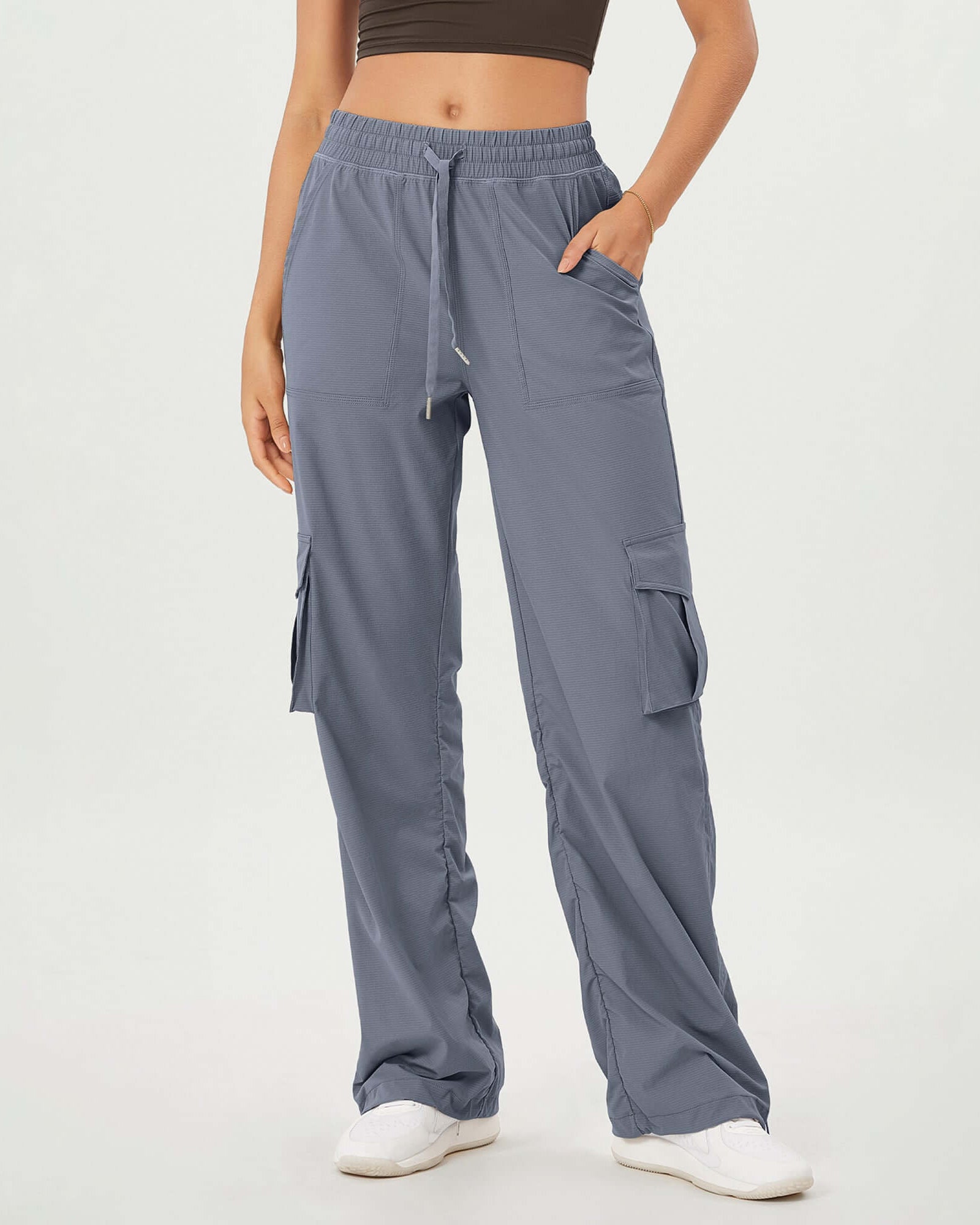 Stretch Woven Relaxed Cargo Cinchable Hems Casual Sweatpants with Pockets Blue - ododos