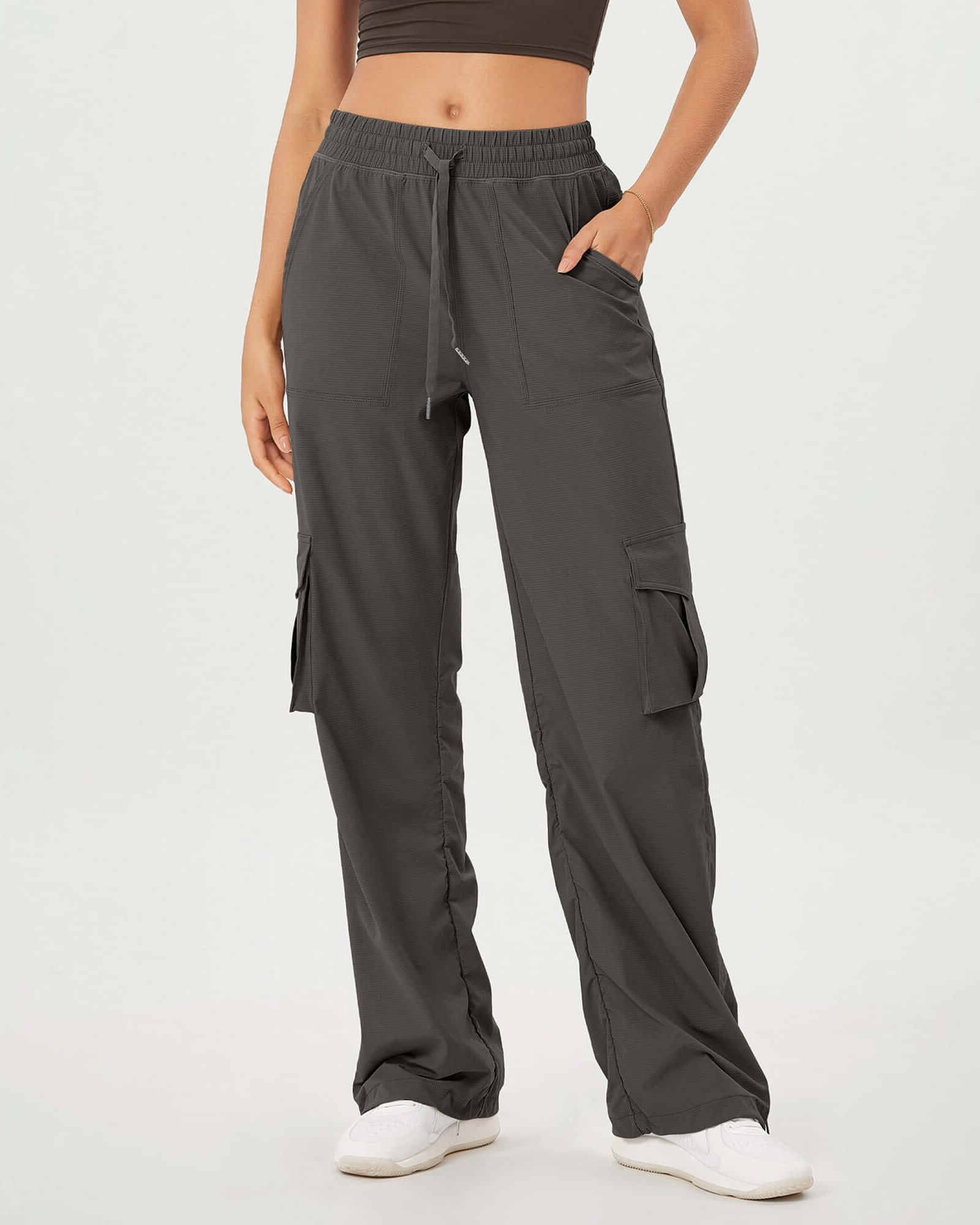 Stretch Woven Relaxed Cargo Cinchable Hems Casual Sweatpants with Pockets Charcoal - ododos
