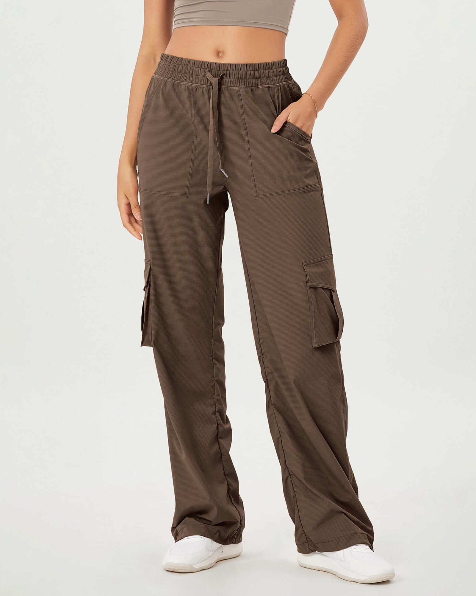 Stretch Woven Relaxed Cargo Cinchable Hems Casual Sweatpants with Pockets Coffee - ododos