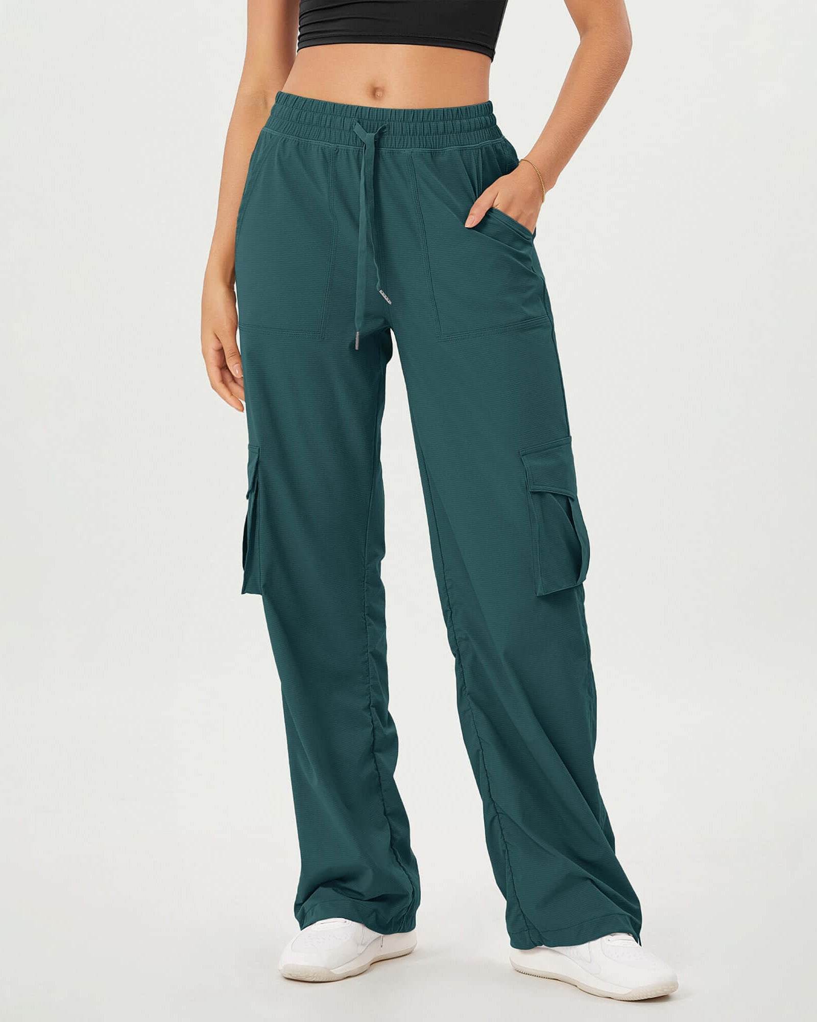 Stretch Woven Relaxed Cargo Cinchable Hems Casual Sweatpants with Pockets Forest Teal - ododos