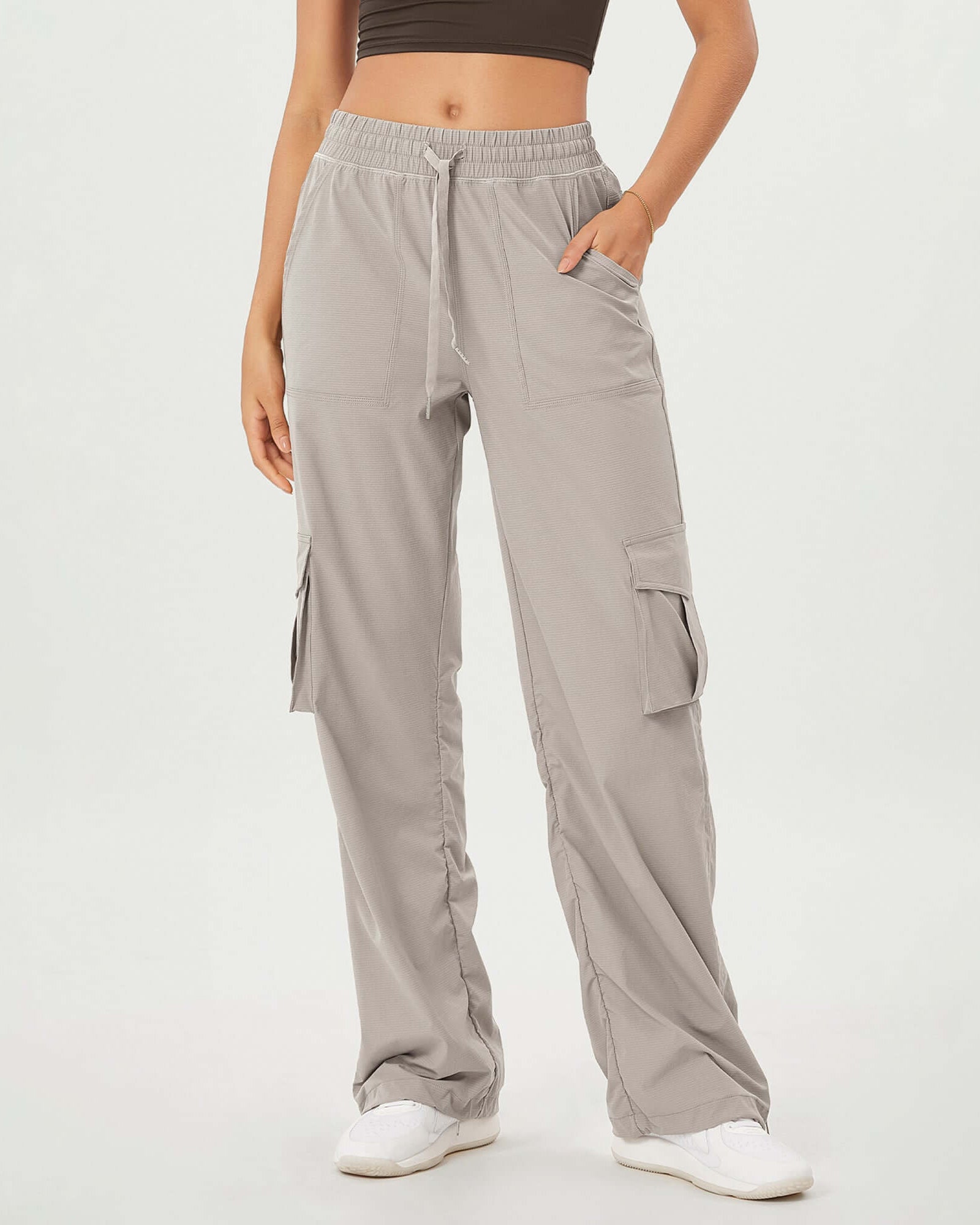 Stretch Woven Relaxed Cargo Cinchable Hems Casual Sweatpants with Pockets Light Gray - ododos