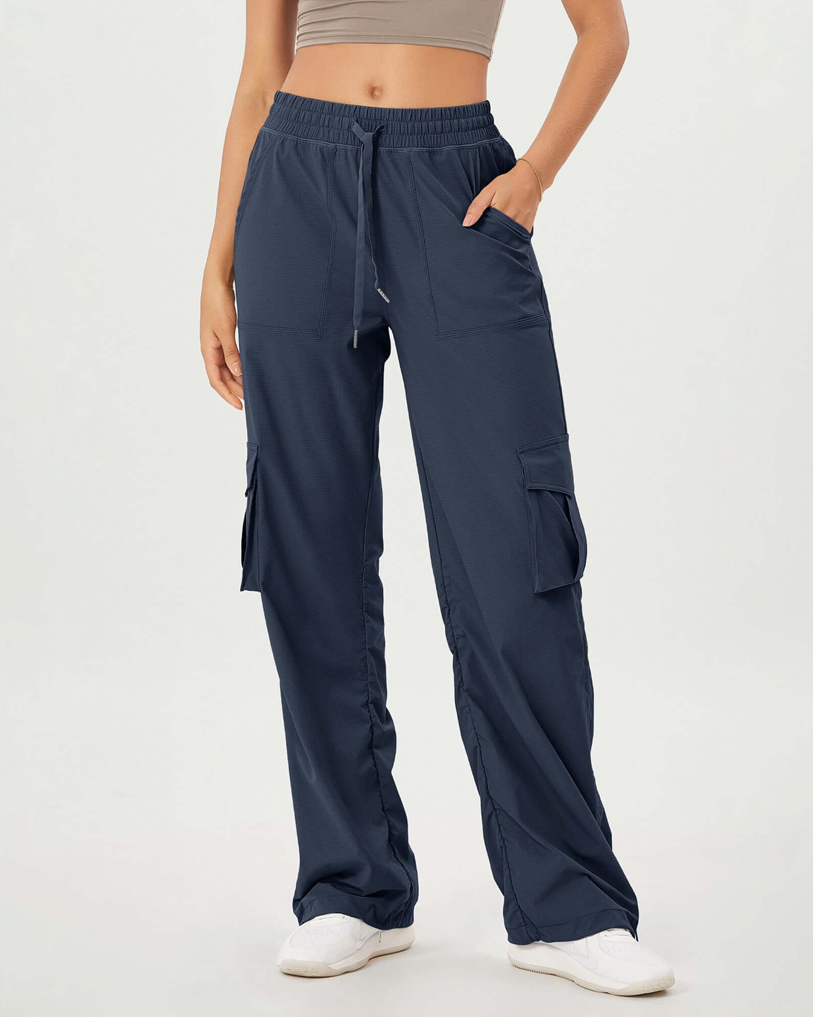 Stretch Woven Relaxed Cargo Cinchable Hems Casual Sweatpants with Pockets Navy - ododos