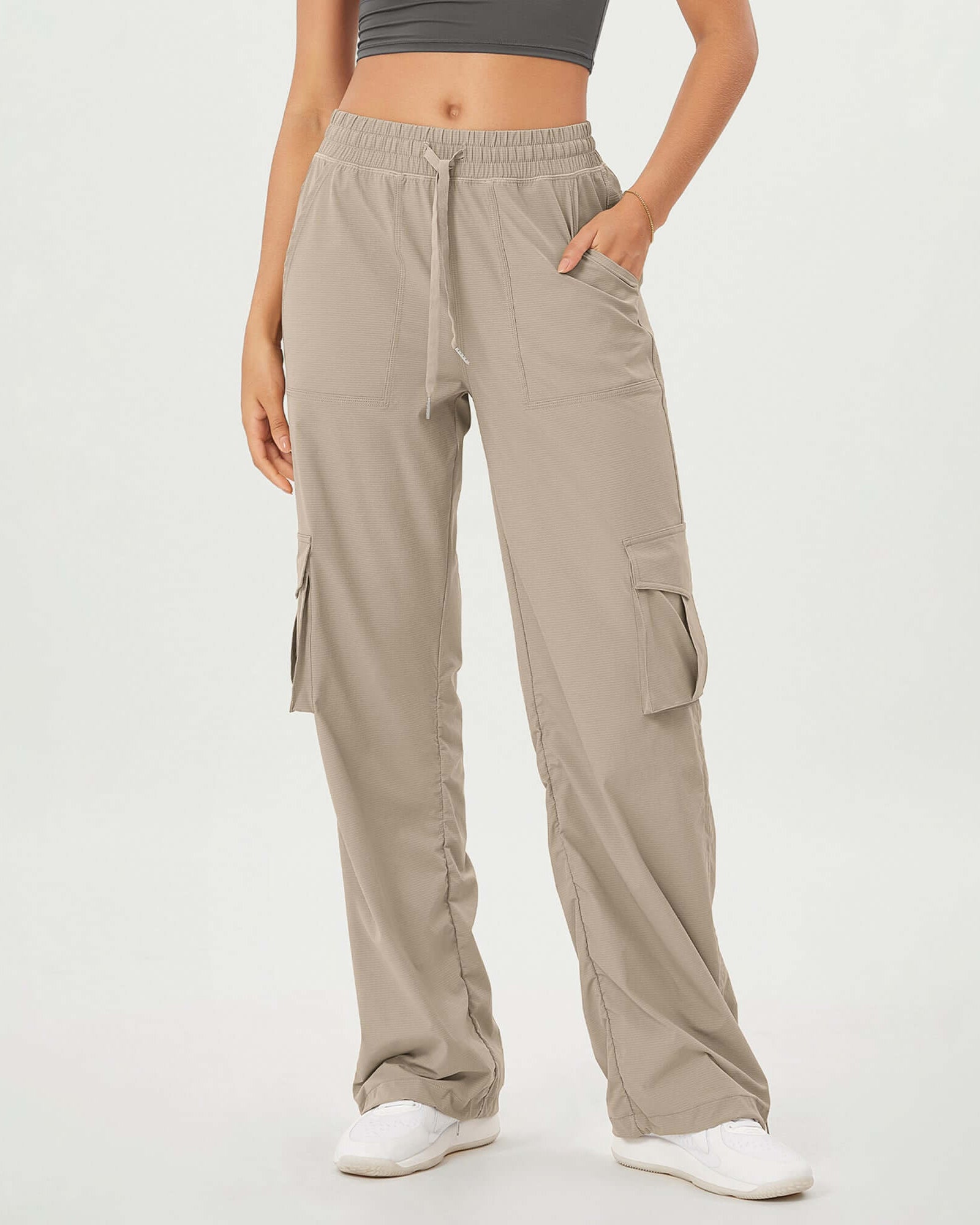Stretch Woven Relaxed Cargo Cinchable Hems Casual Sweatpants with Pockets Taupe - ododos