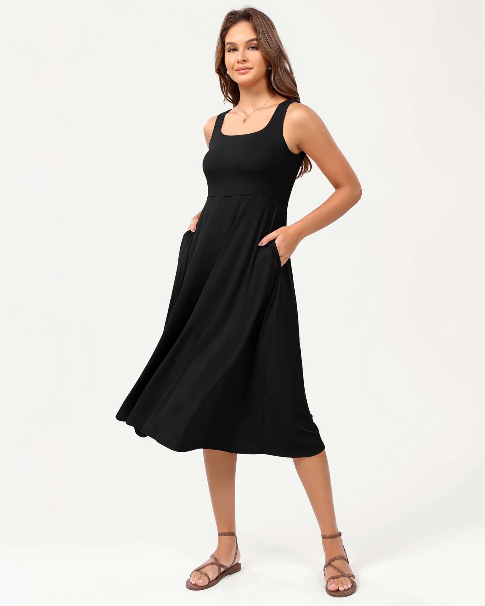 Square Neck Casual Sleeveless Sundress Flare Tank Dress with Pockets Black - ododos