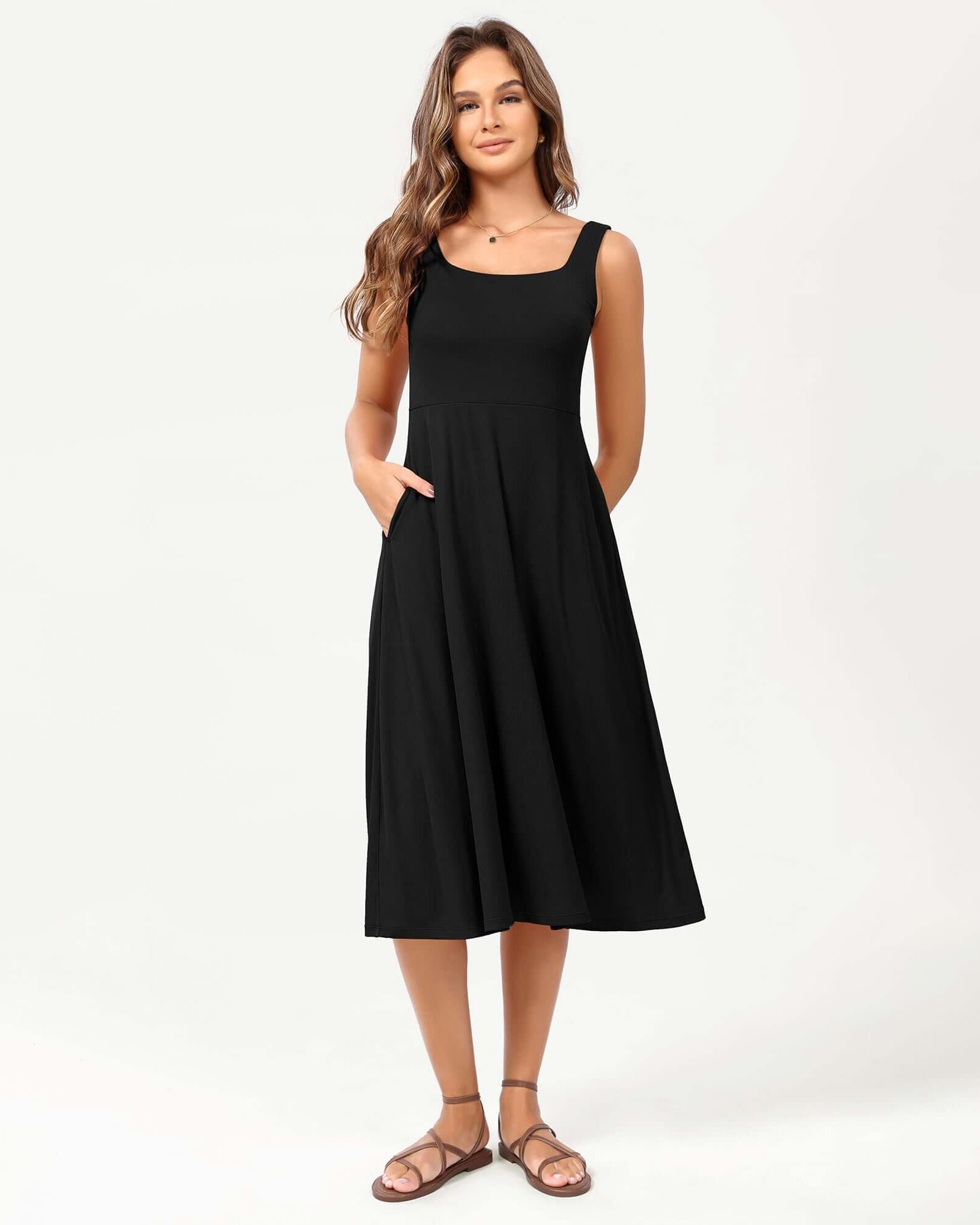 Square Neck Casual Sleeveless Sundress Flare Tank Dress with Pockets - ododos