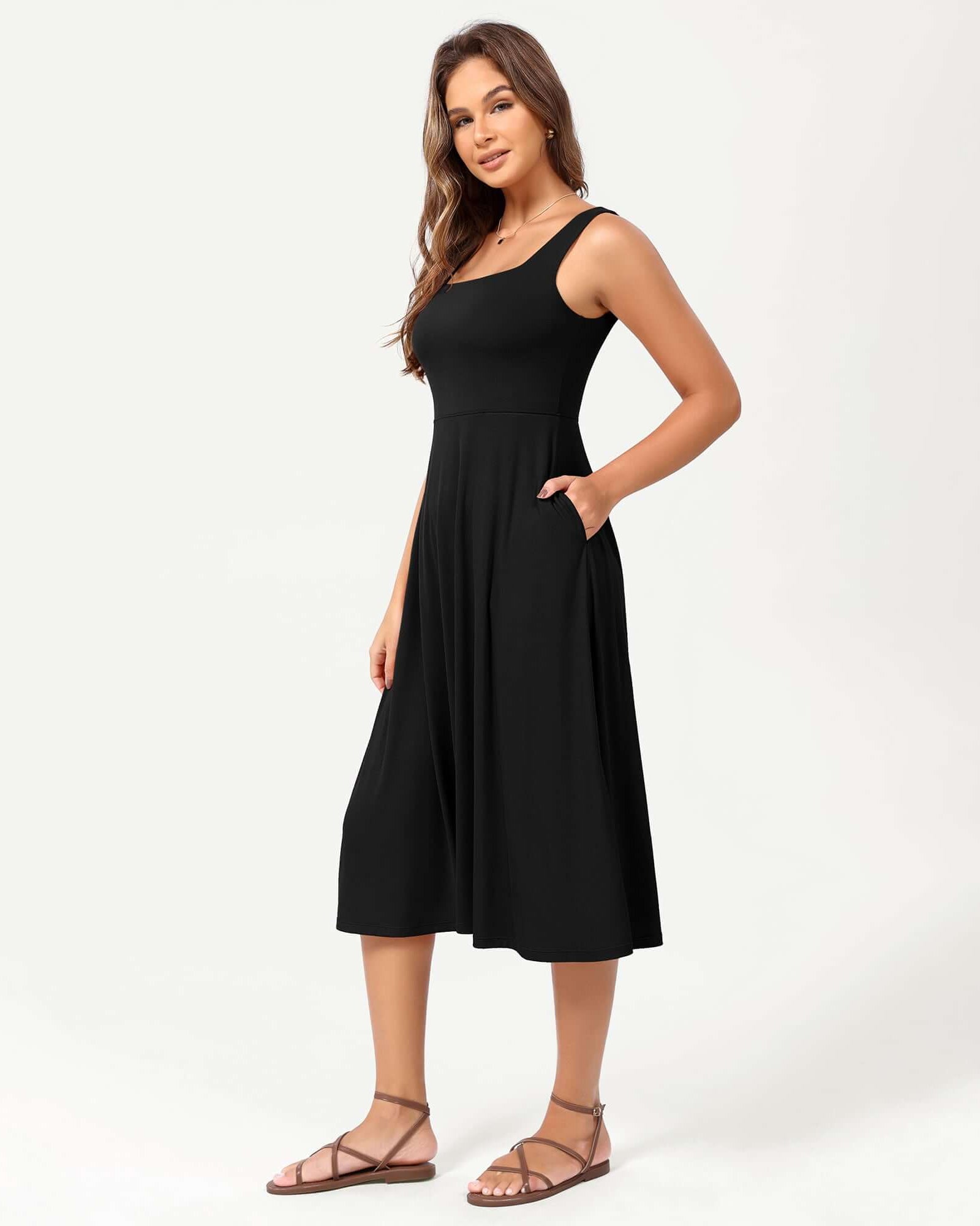 Square Neck Casual Sleeveless Sundress Flare Tank Dress with Pockets - ododos