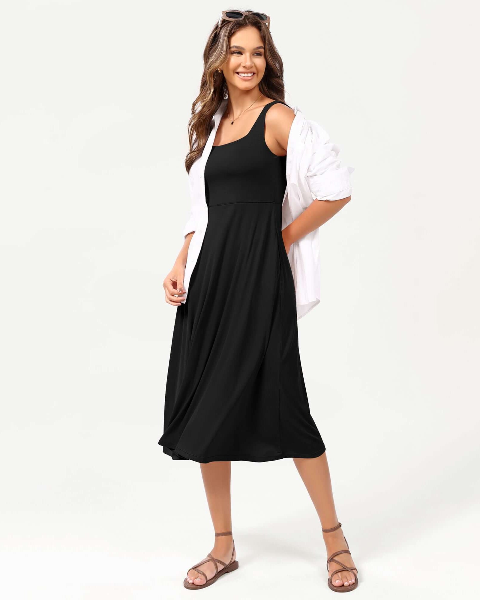 Square Neck Casual Sleeveless Sundress Flare Tank Dress with Pockets - ododos