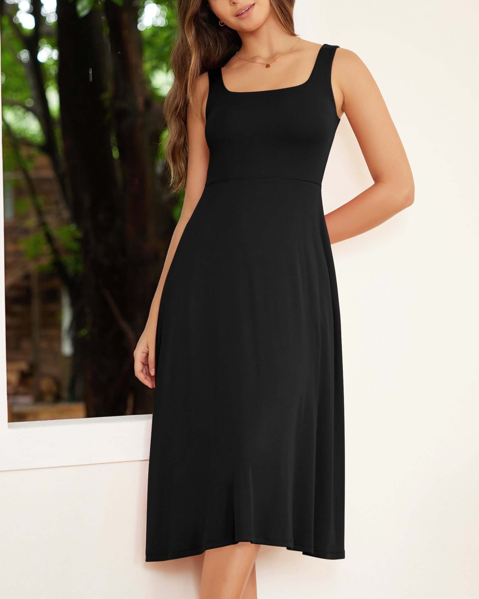 Square Neck Casual Sleeveless Sundress Flare Tank Dress with Pockets - ododos