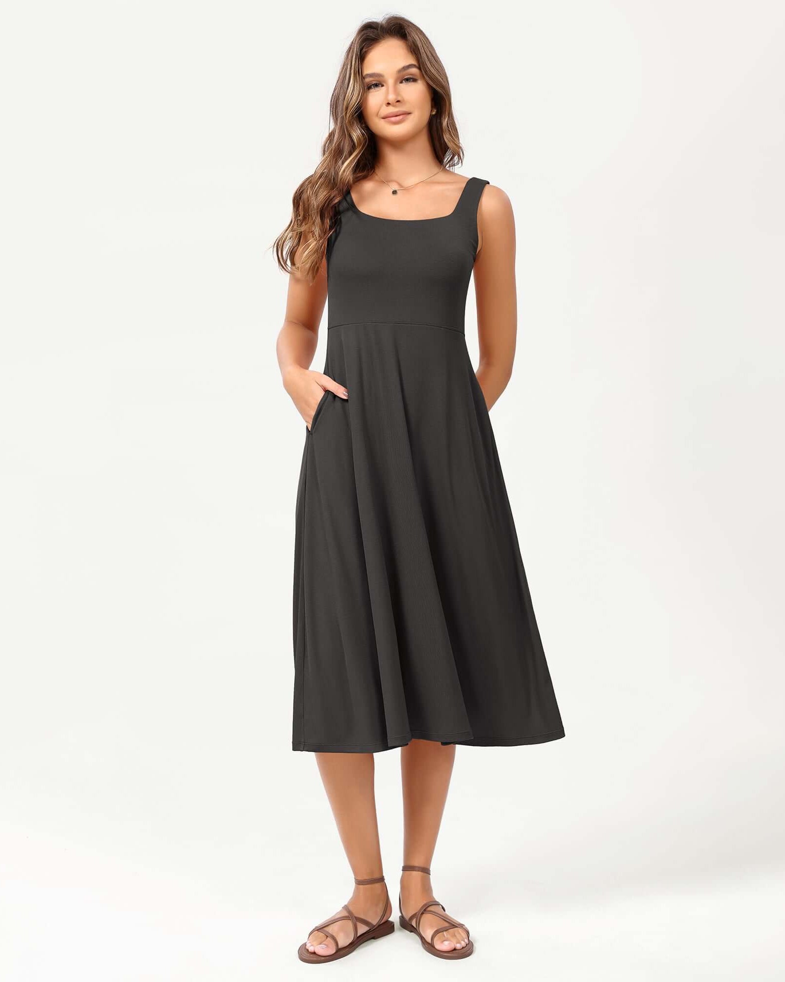 Square Neck Casual Sleeveless Sundress Flare Tank Dress with Pockets - ododos