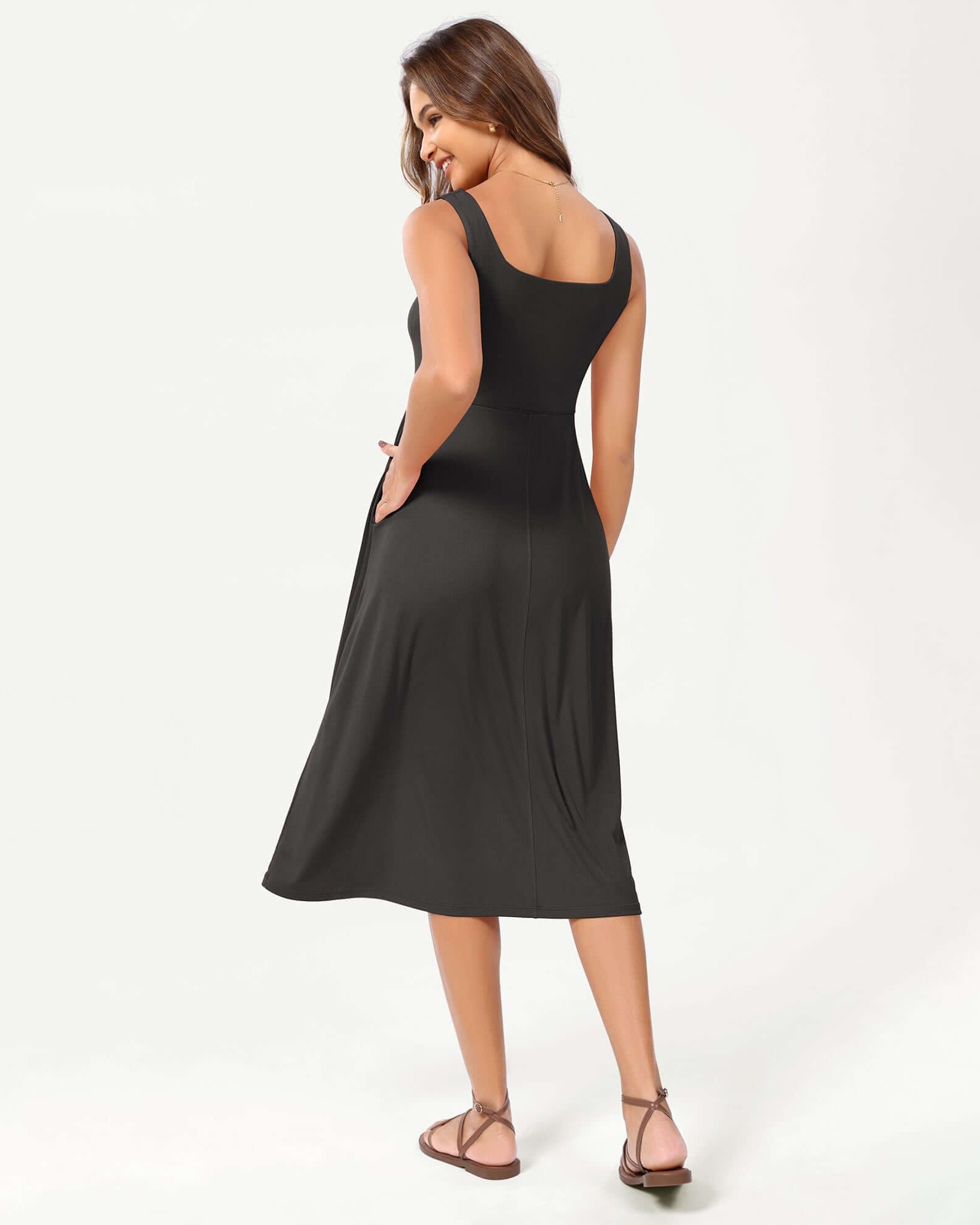 Square Neck Casual Sleeveless Sundress Flare Tank Dress with Pockets - ododos