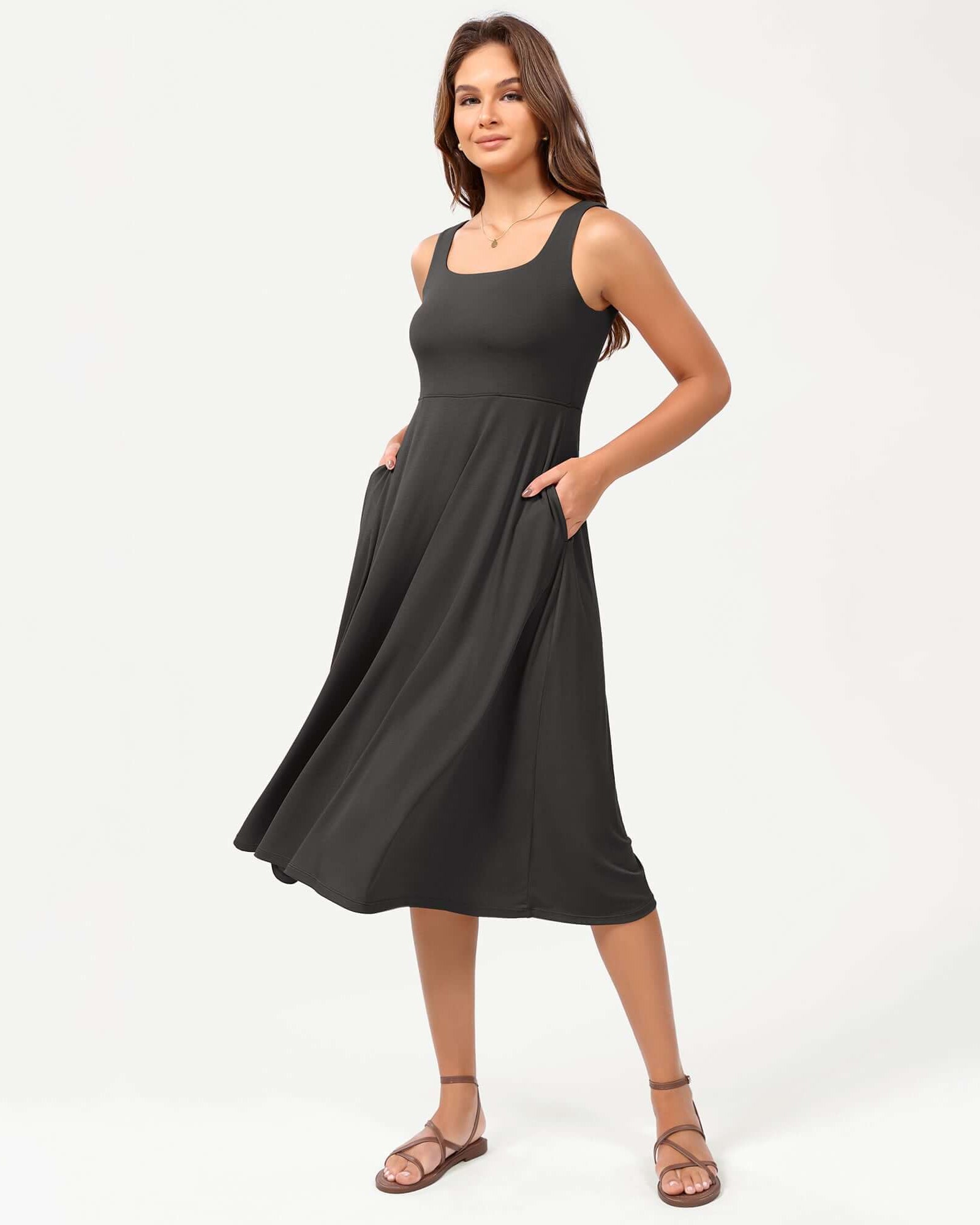Square Neck Casual Sleeveless Sundress Flare Tank Dress with Pockets Charcoal - ododos
