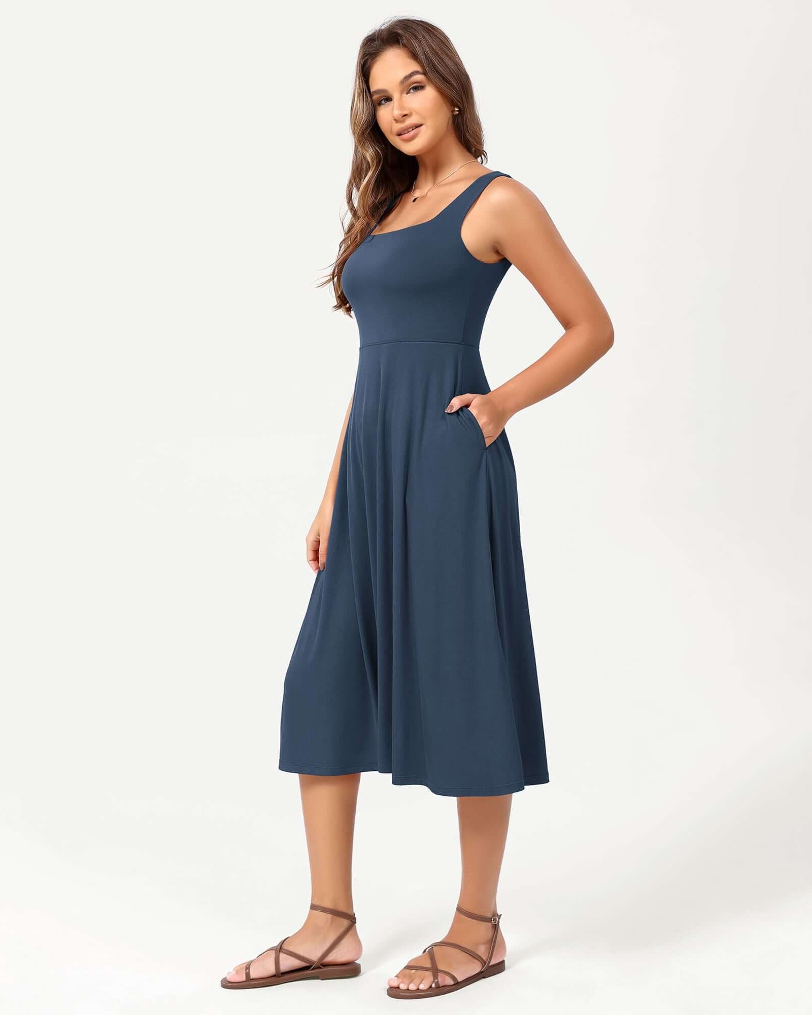 Square Neck Casual Sleeveless Sundress Flare Tank Dress with Pockets - ododos