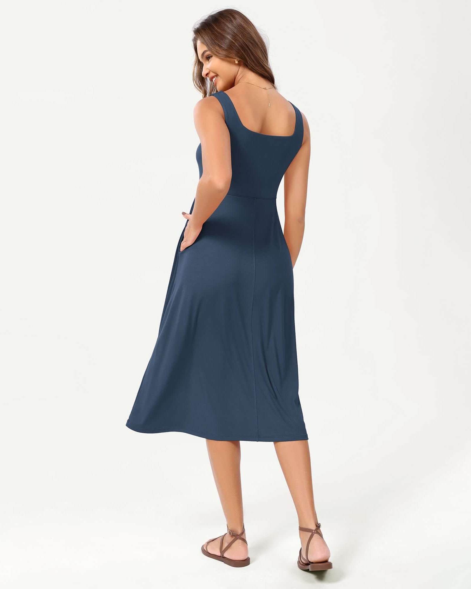 Square Neck Casual Sleeveless Sundress Flare Tank Dress with Pockets - ododos