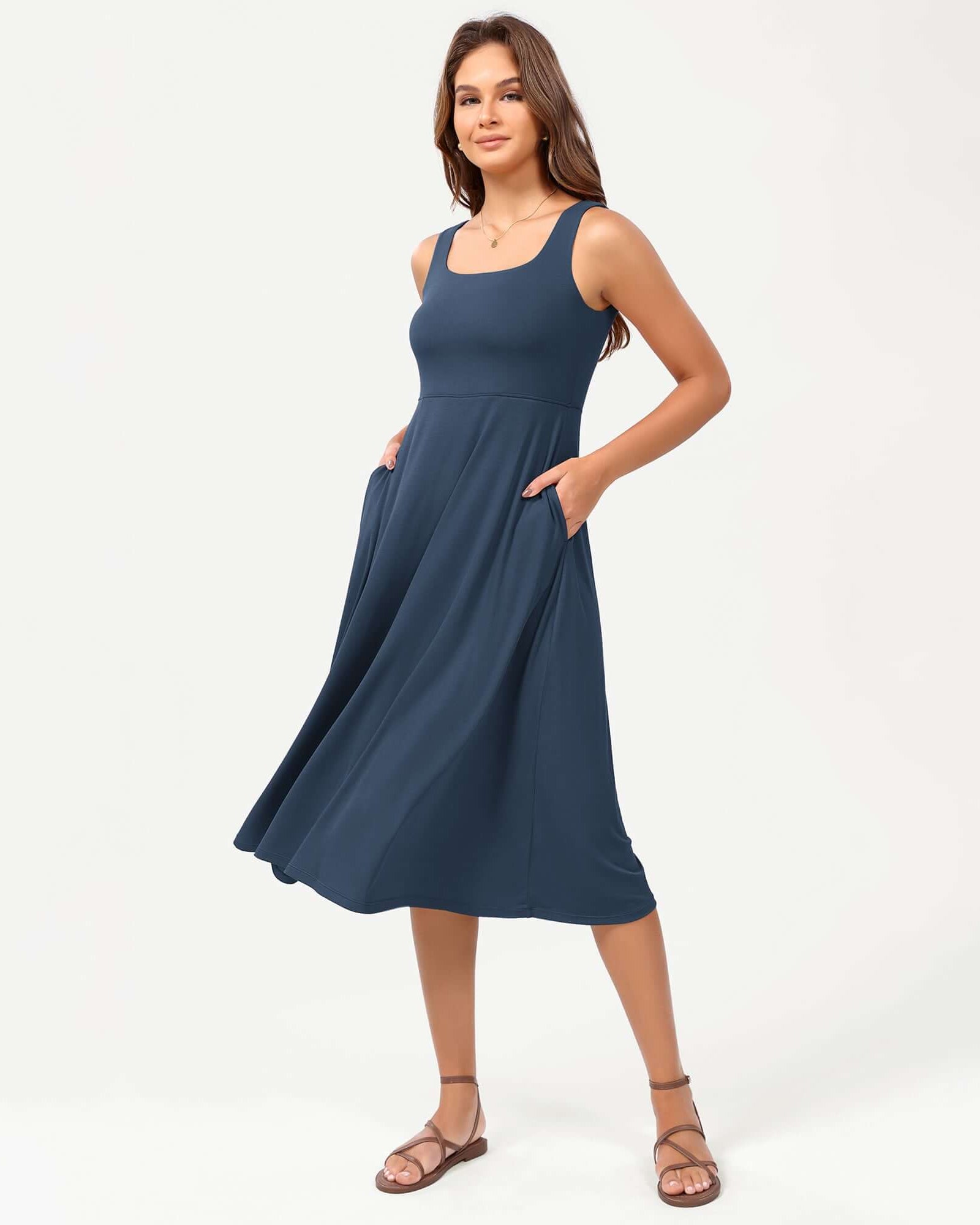 Square Neck Casual Sleeveless Sundress Flare Tank Dress with Pockets Dark Blue - ododos