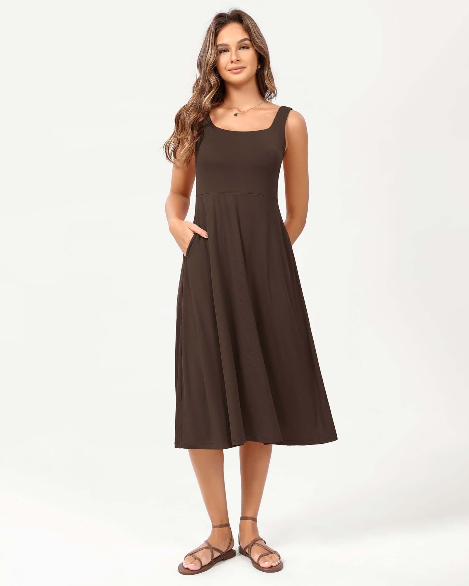 Square Neck Casual Sleeveless Sundress Flare Tank Dress with Pockets - ododos