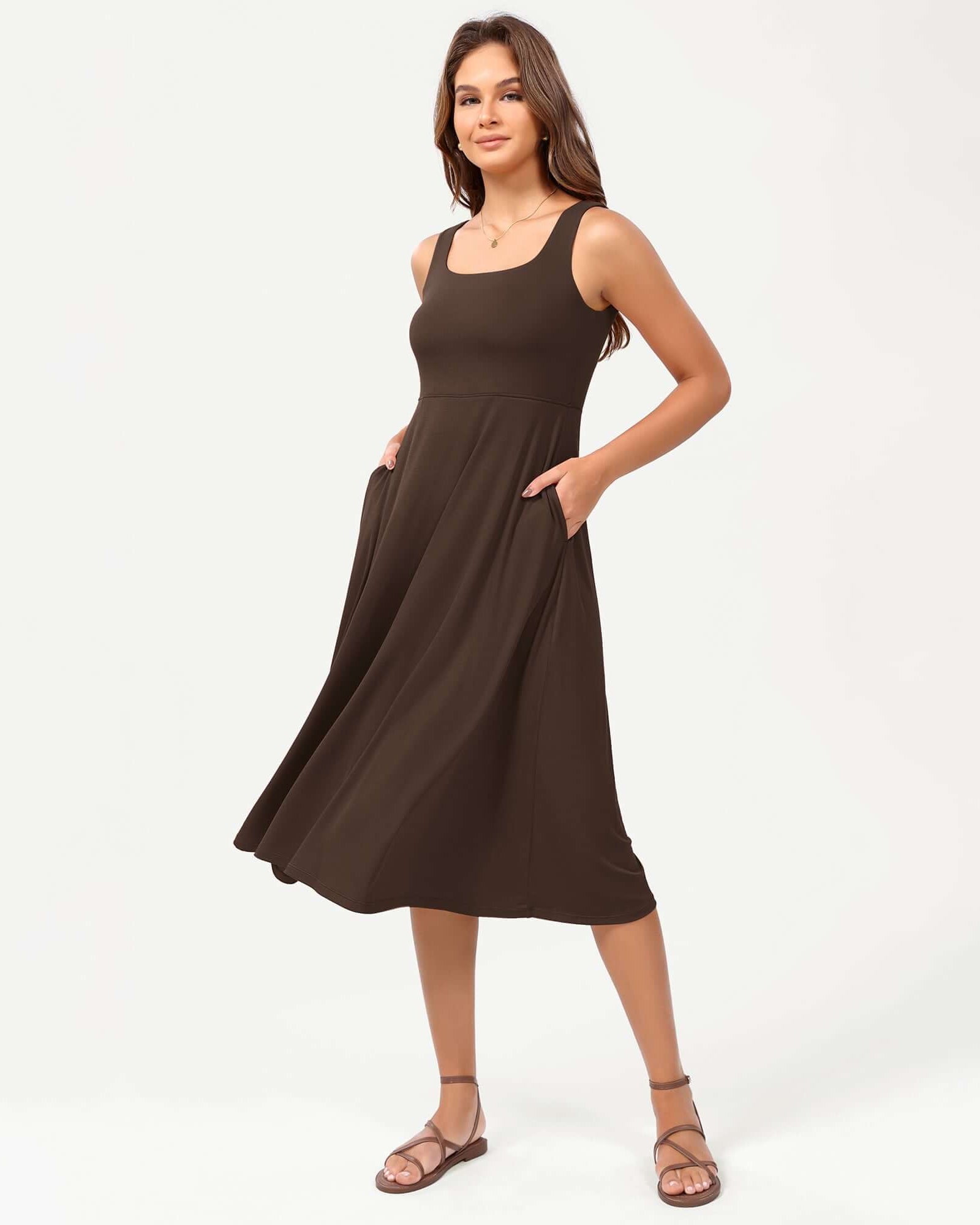 Square Neck Casual Sleeveless Sundress Flare Tank Dress with Pockets Dark Brown - ododos