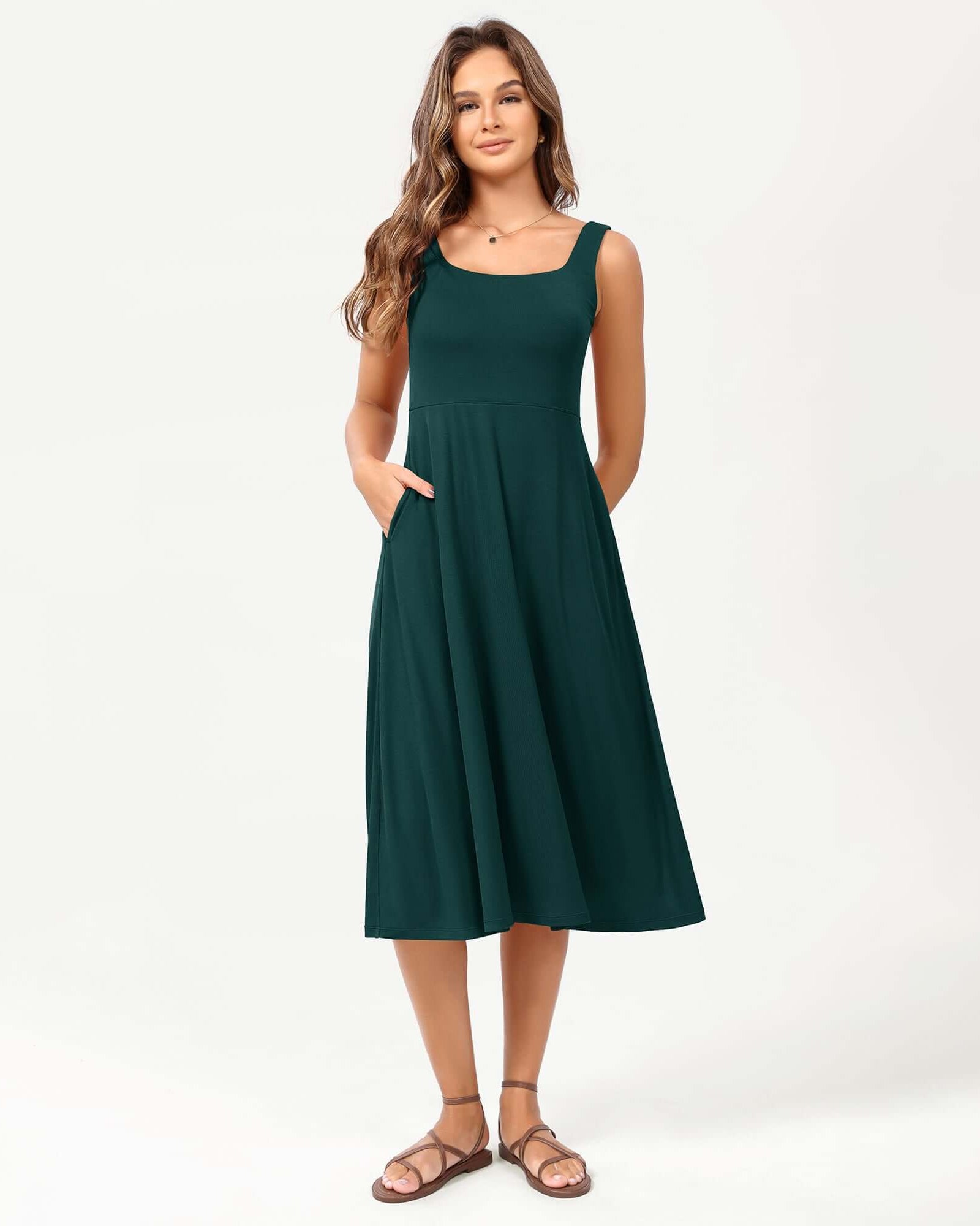Square Neck Casual Sleeveless Sundress Flare Tank Dress with Pockets - ododos