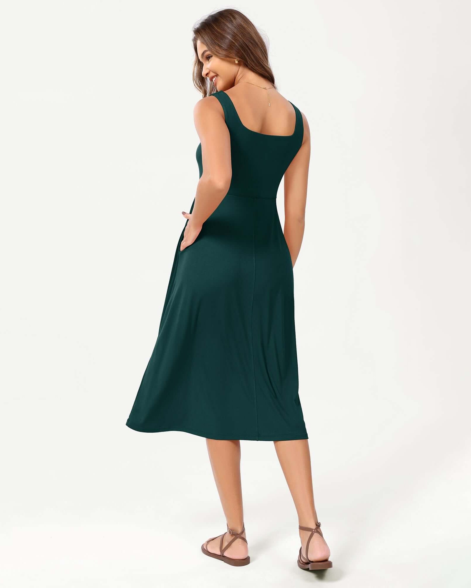 Square Neck Casual Sleeveless Sundress Flare Tank Dress with Pockets - ododos
