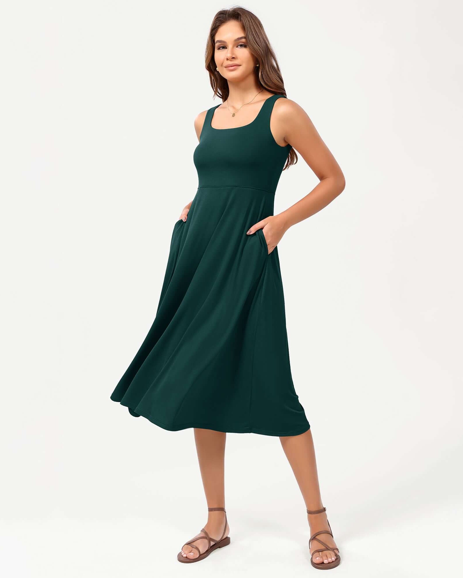 Square Neck Casual Sleeveless Sundress Flare Tank Dress with Pockets Dark Green - ododos