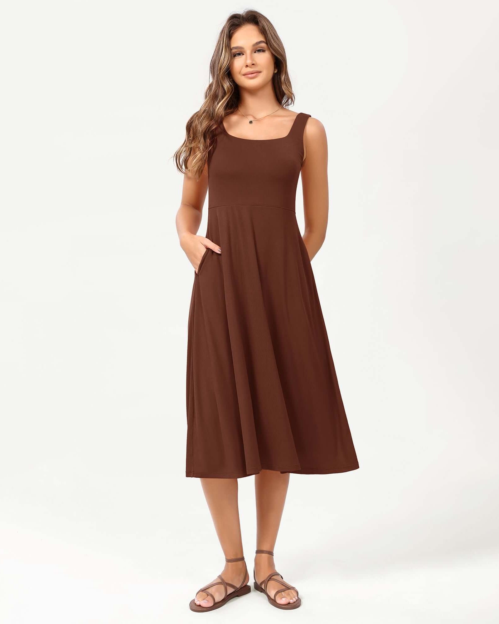 Square Neck Casual Sleeveless Sundress Flare Tank Dress with Pockets - ododos