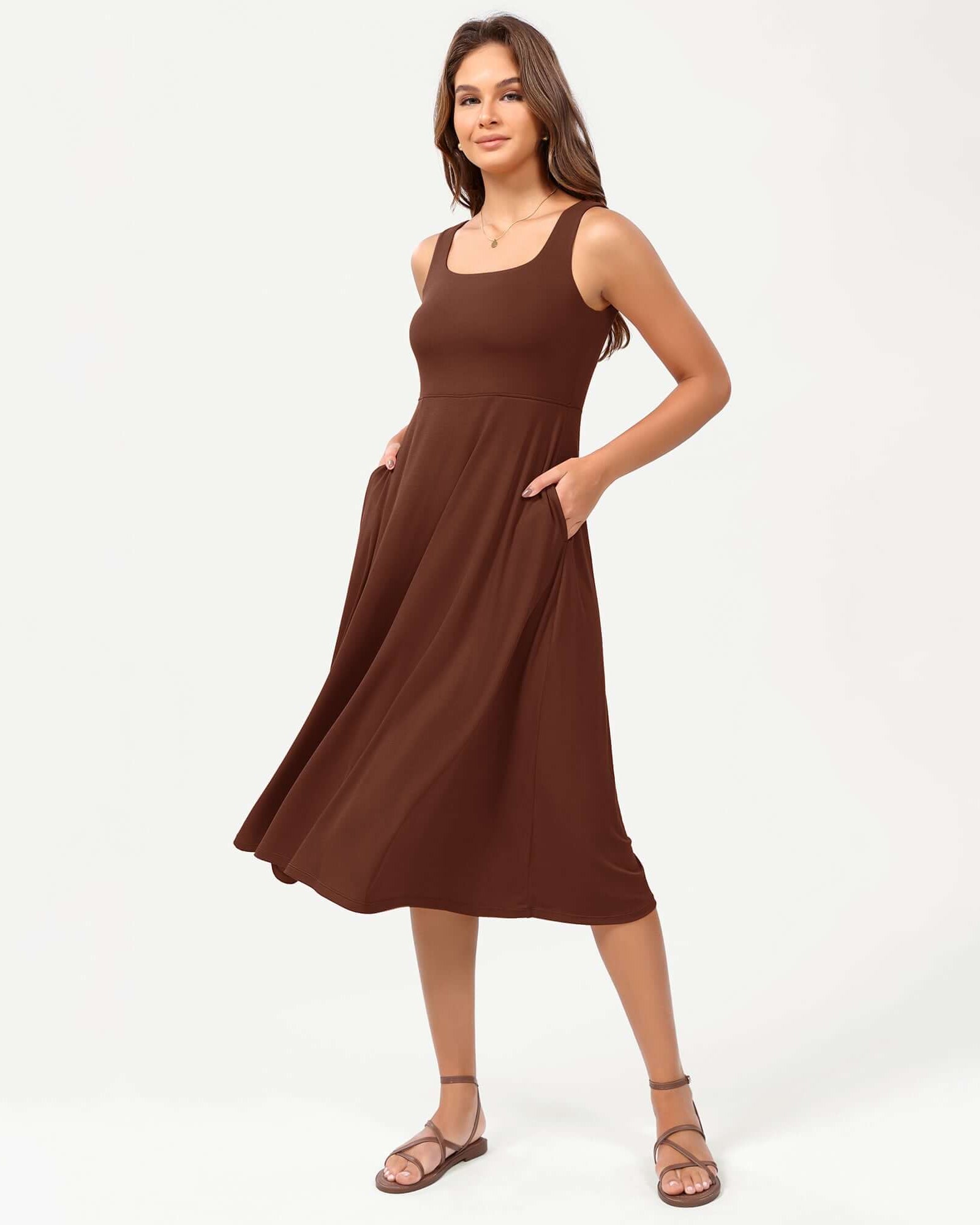 Square Neck Casual Sleeveless Sundress Flare Tank Dress with Pockets Dark Rust - ododos
