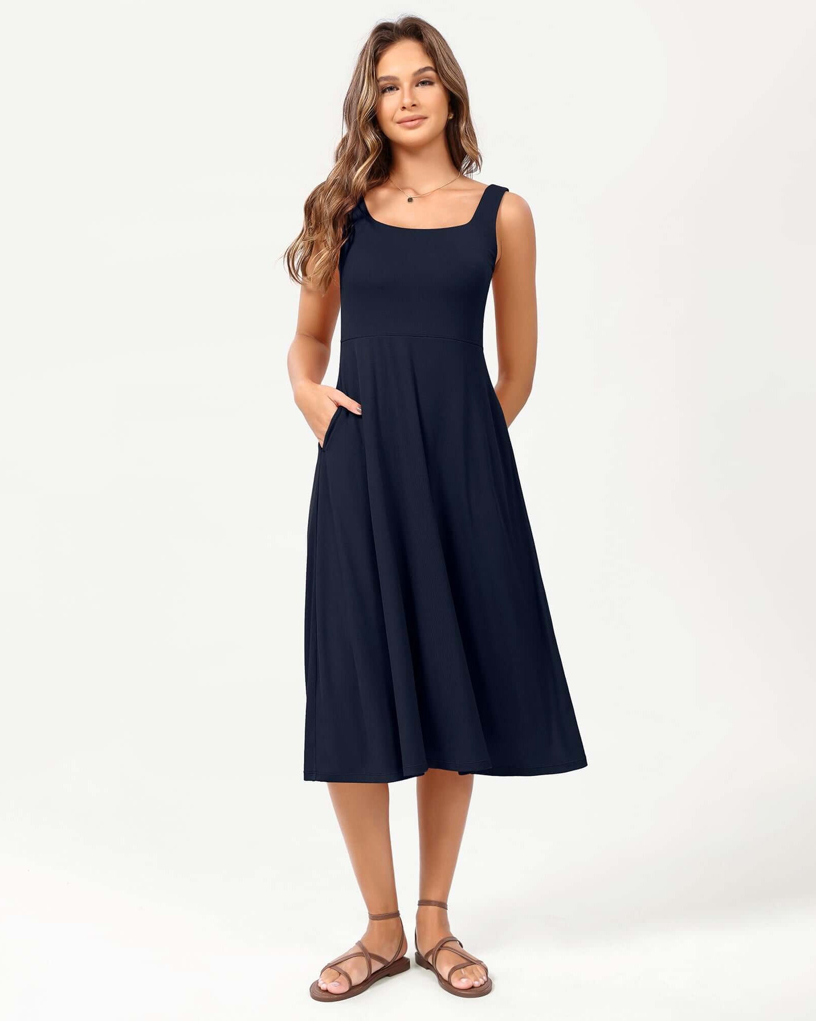 Square Neck Casual Sleeveless Sundress Flare Tank Dress with Pockets - ododos