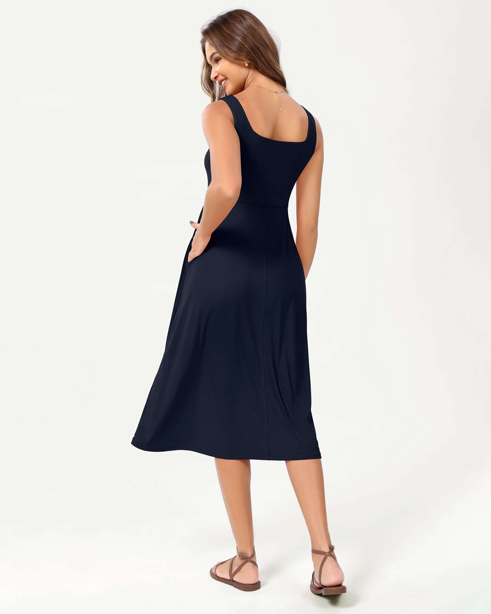 Square Neck Casual Sleeveless Sundress Flare Tank Dress with Pockets - ododos