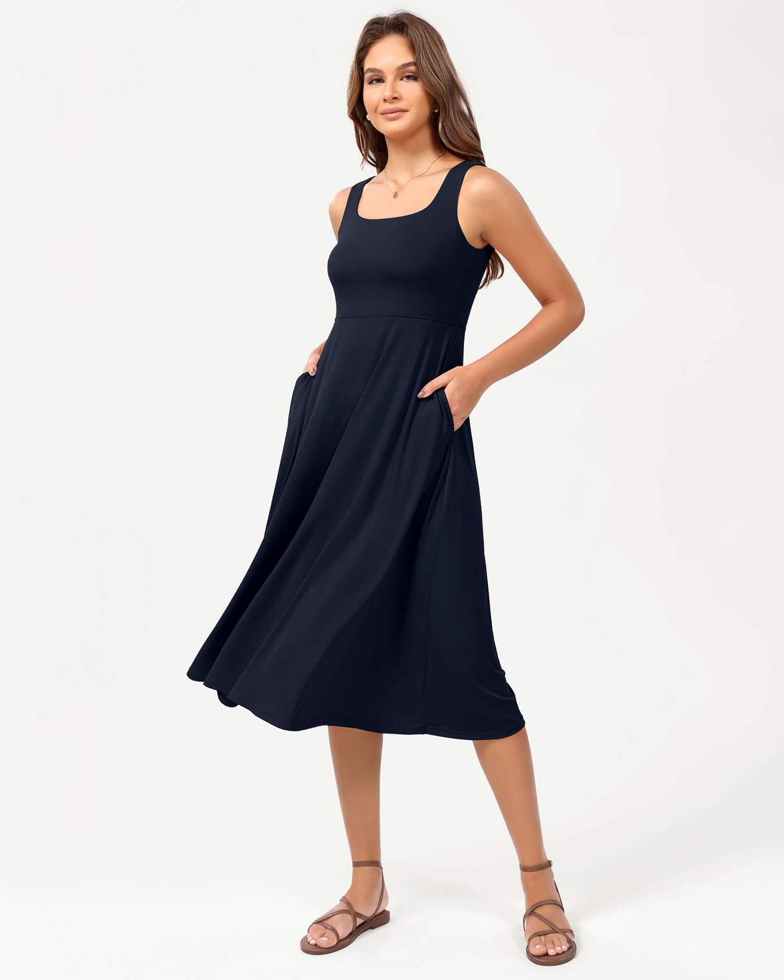 Square Neck Casual Sleeveless Sundress Flare Tank Dress with Pockets Deep Navy - ododos
