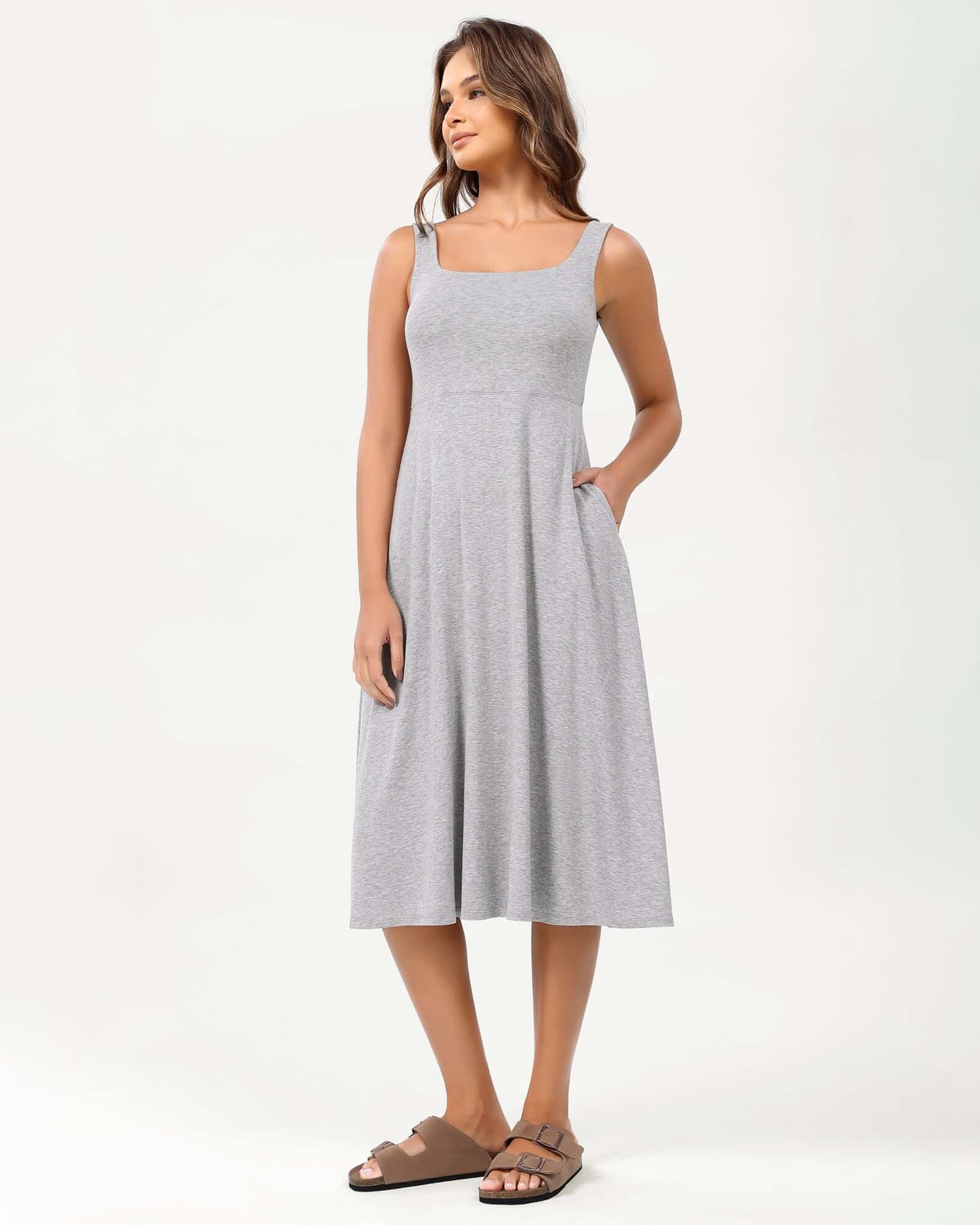 Square Neck Casual Sleeveless Sundress Flare Tank Dress with Pockets - ododos