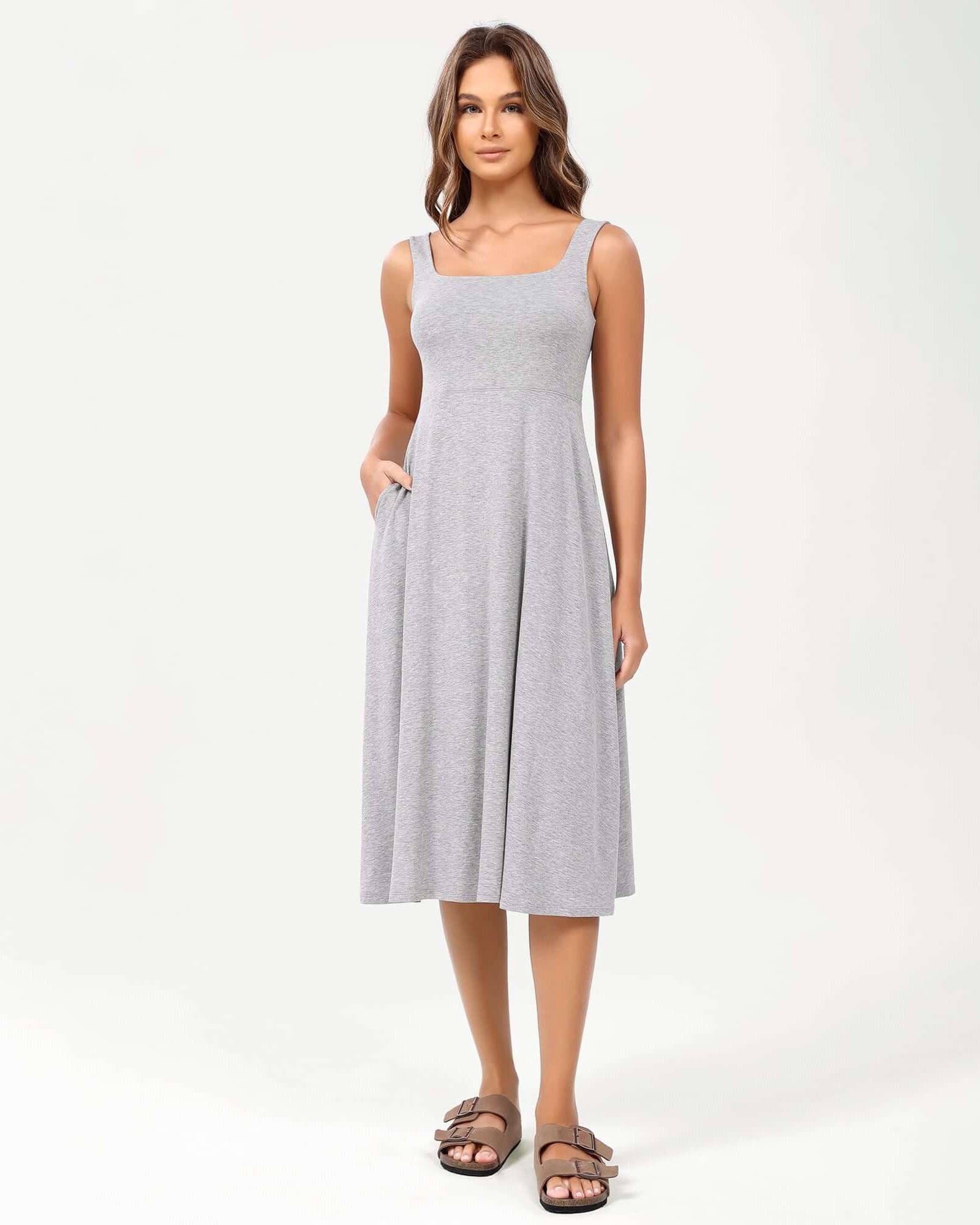 Square Neck Casual Sleeveless Sundress Flare Tank Dress with Pockets Grey Heather - ododos