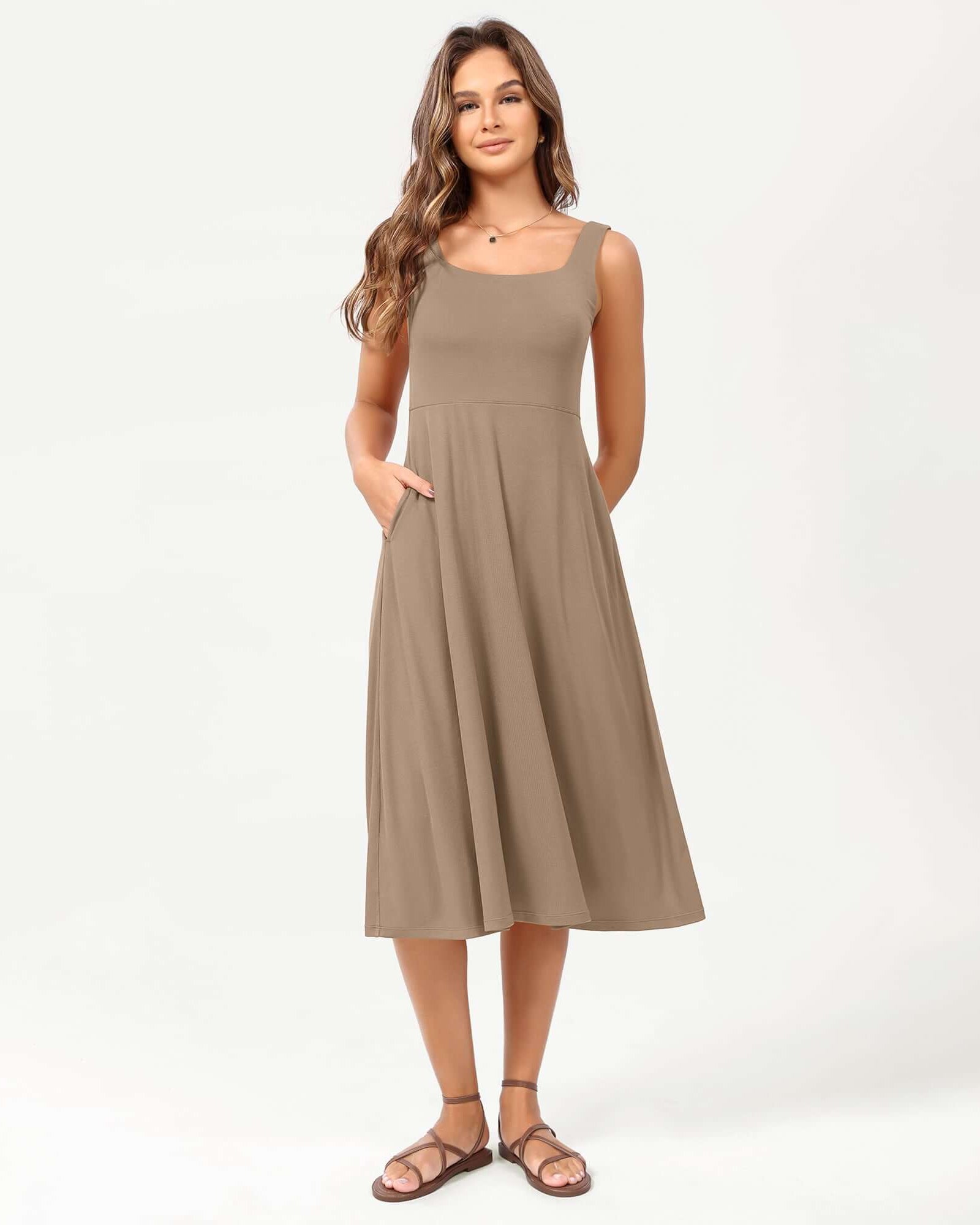 Square Neck Casual Sleeveless Sundress Flare Tank Dress with Pockets - ododos