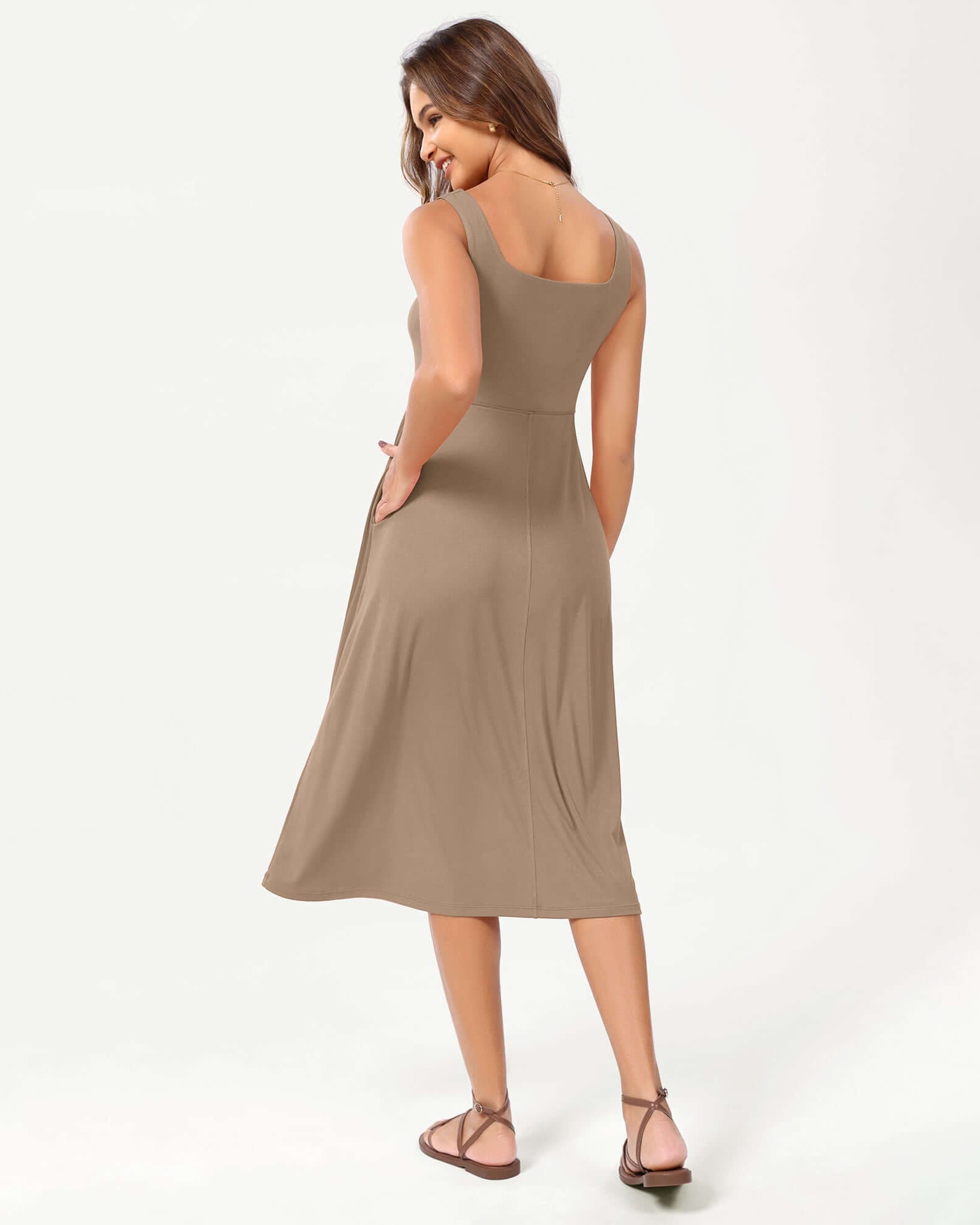 Square Neck Casual Sleeveless Sundress Flare Tank Dress with Pockets - ododos