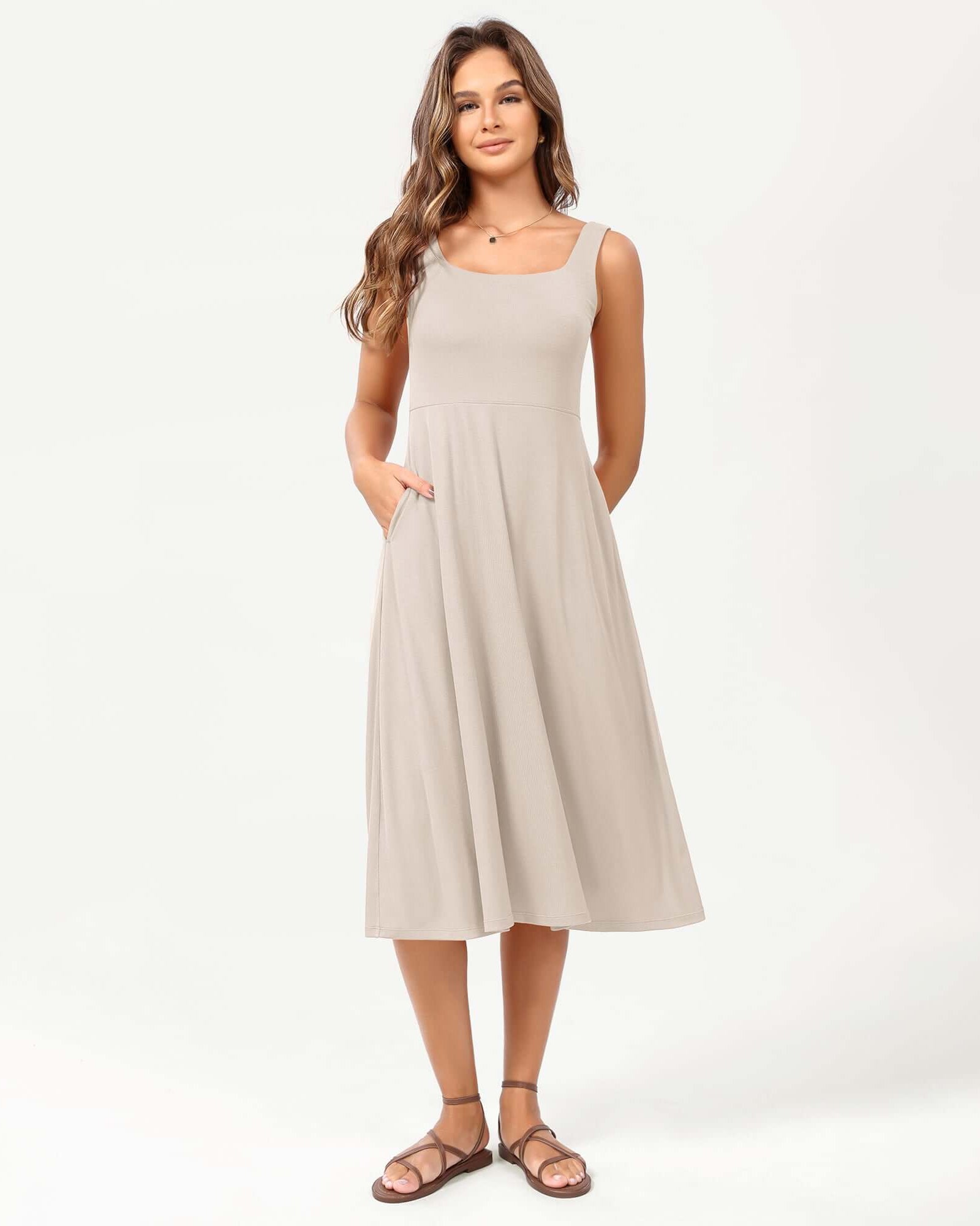 Square Neck Casual Sleeveless Sundress Flare Tank Dress with Pockets - ododos