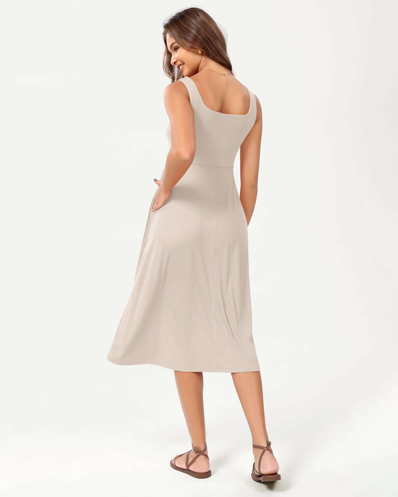 Square Neck Casual Sleeveless Sundress Flare Tank Dress with Pockets - ododos