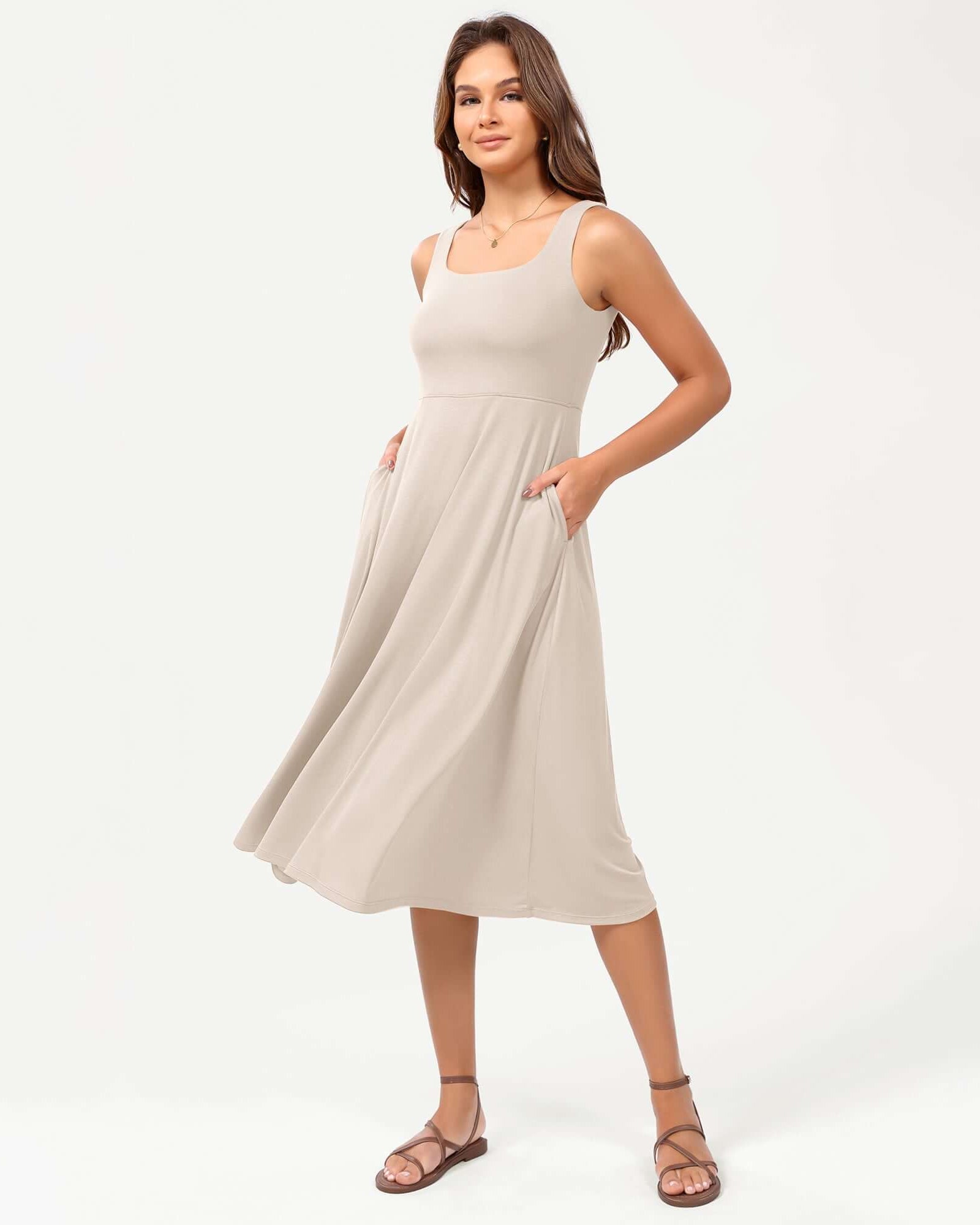 Square Neck Casual Sleeveless Sundress Flare Tank Dress with Pockets Taupe - ododos