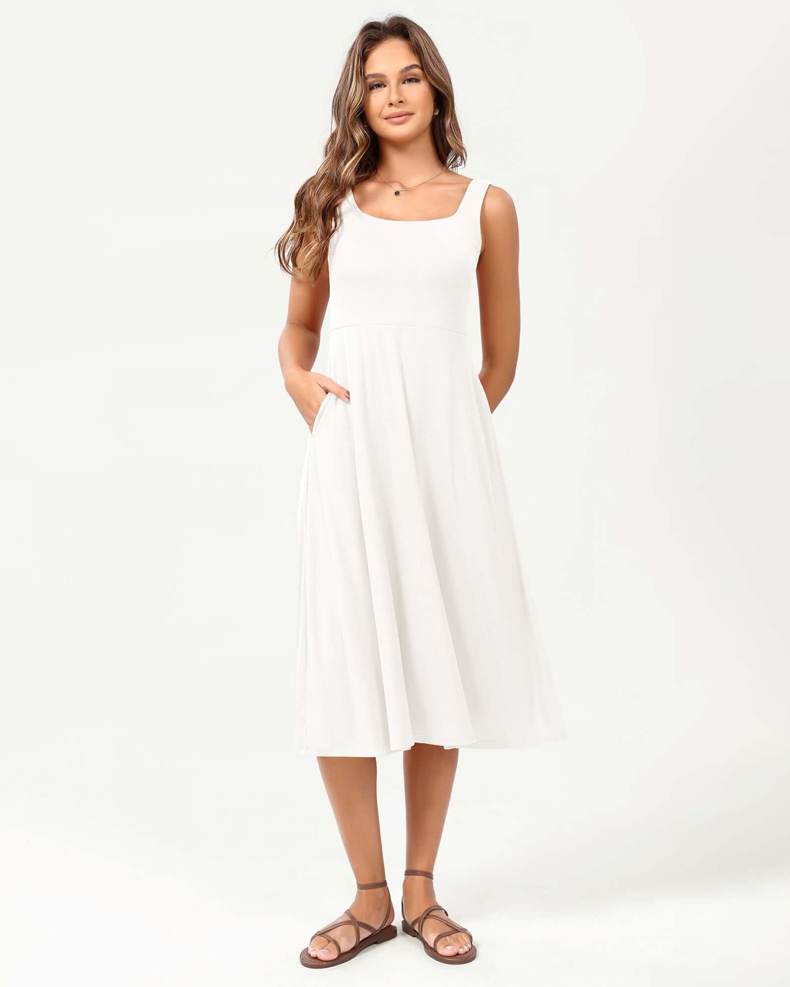 Square Neck Casual Sleeveless Sundress Flare Tank Dress with Pockets - ododos