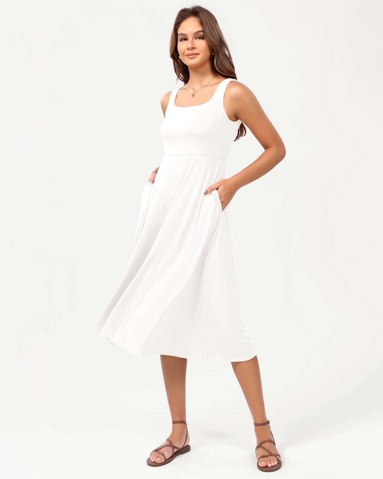 Square Neck Casual Sleeveless Sundress Flare Tank Dress with Pockets White - ododos