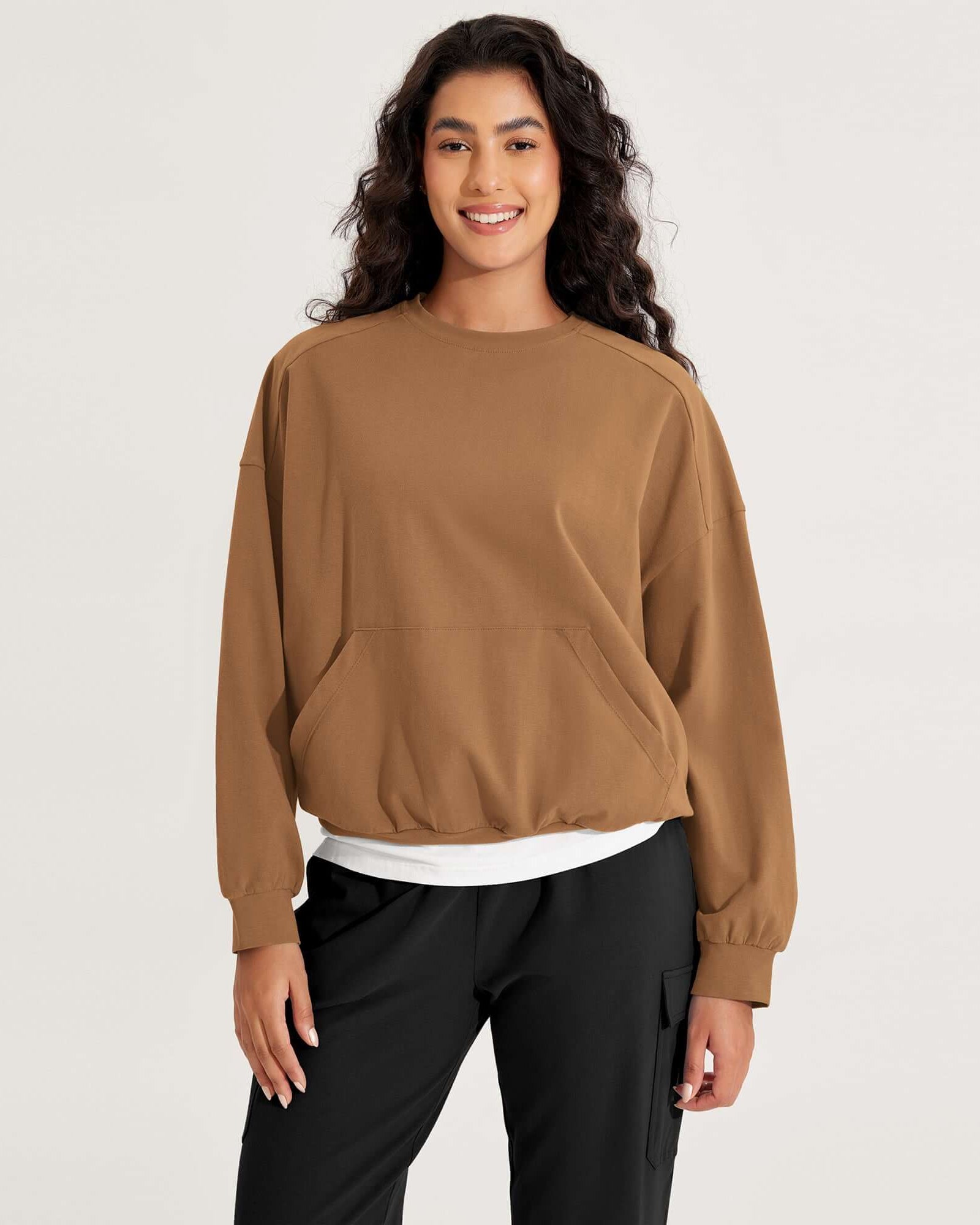 Cotton Soft Oversized Sweatshirts Pullover with Kangaroo Pocket Brown - ododos