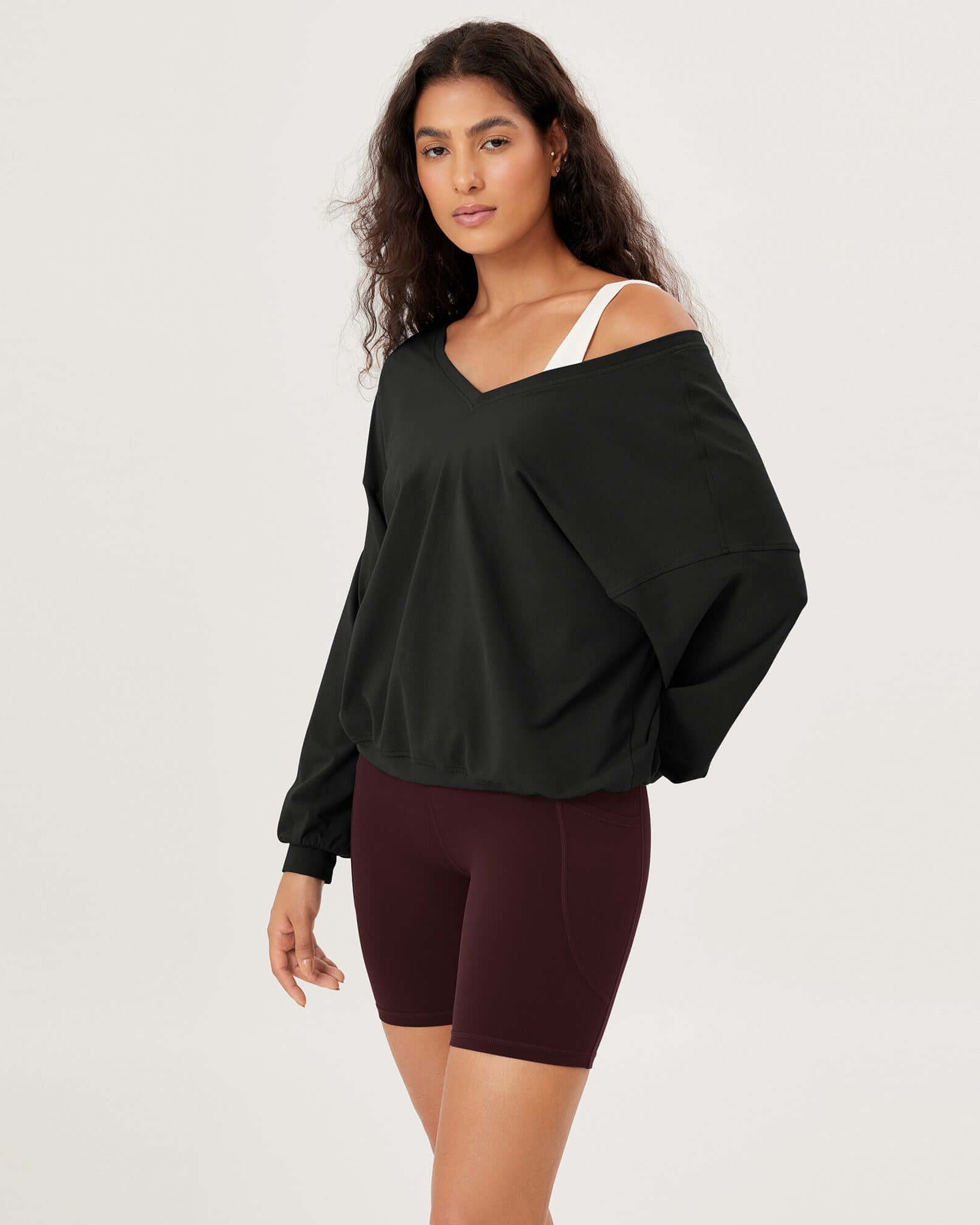 Cotton Soft Double V Long Sleeve Fall Sweatshirts Black - ododos