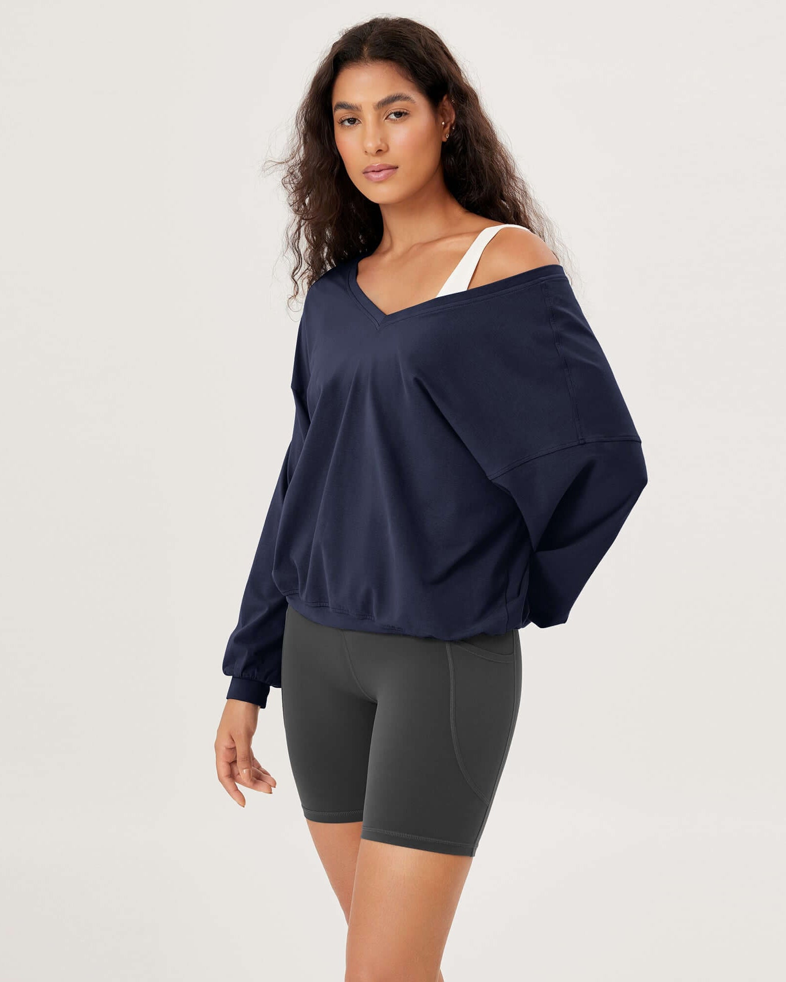 Cotton Soft Double V Long Sleeve Fall Sweatshirts Dark Blue - ododos