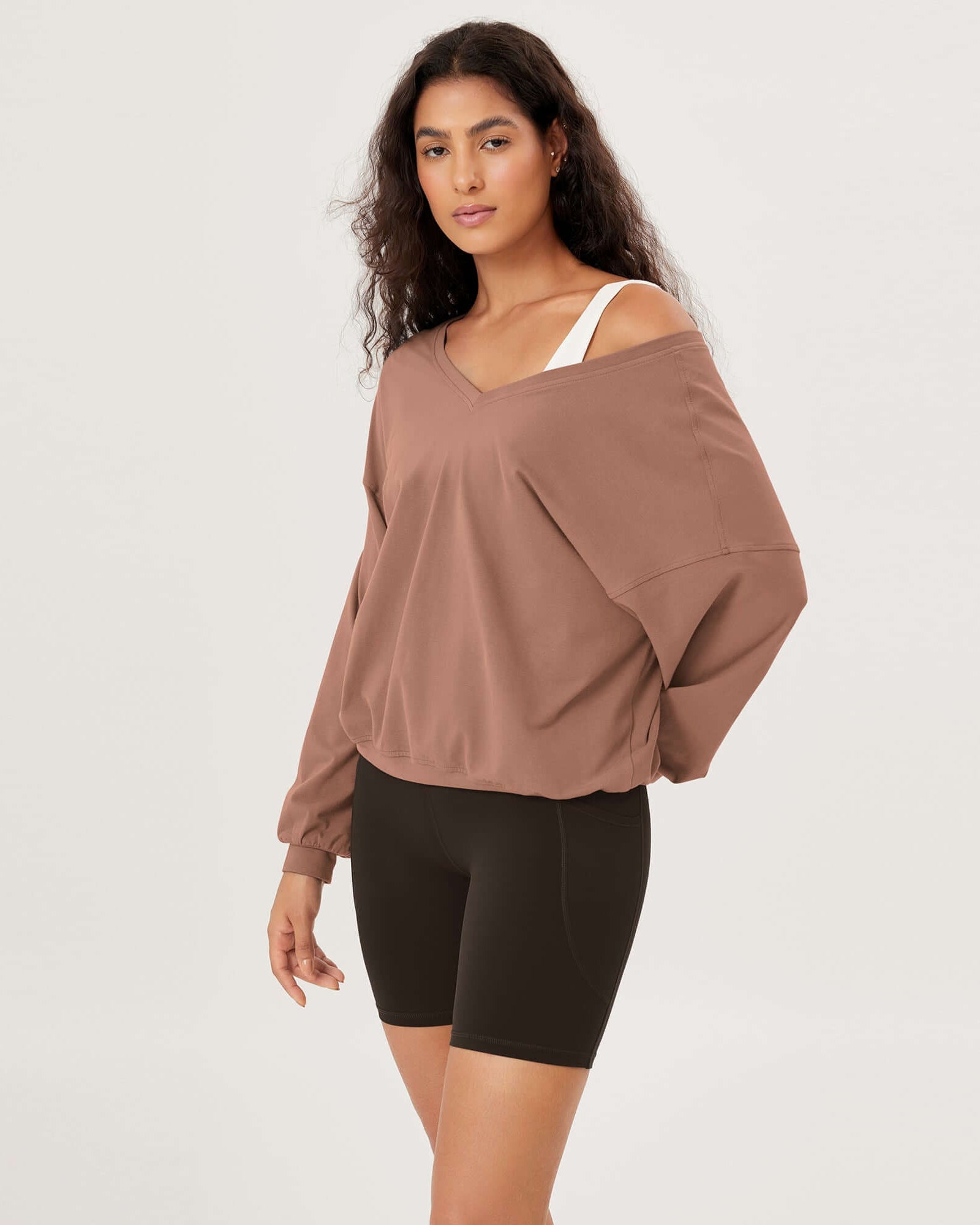 Cotton Soft Double V Long Sleeve Fall Sweatshirts Light Brown - ododos