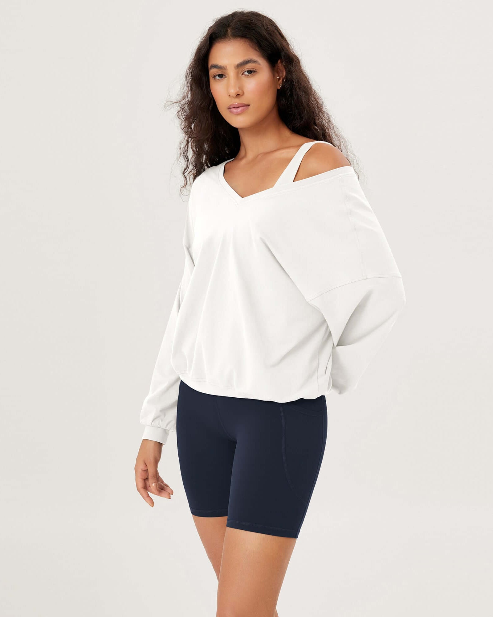 Cotton Soft Double V Long Sleeve Fall Sweatshirts White - ododos