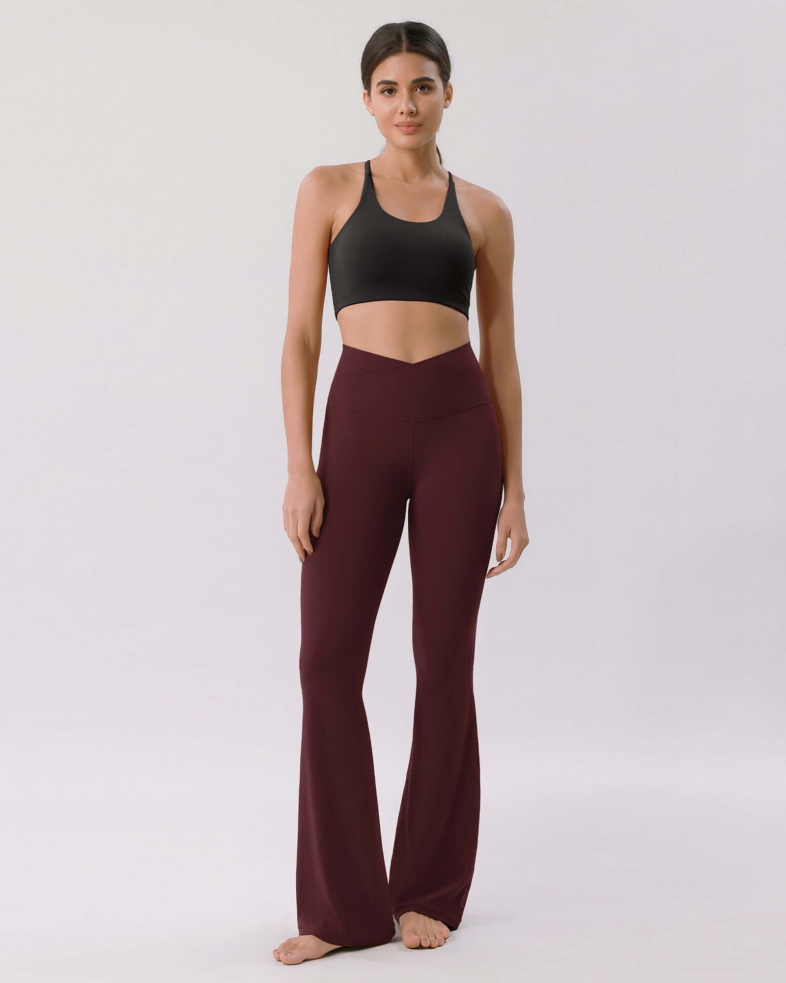 Cloud Feeling 32 Crossover High Waist Flared Pants Burgundy - ododos