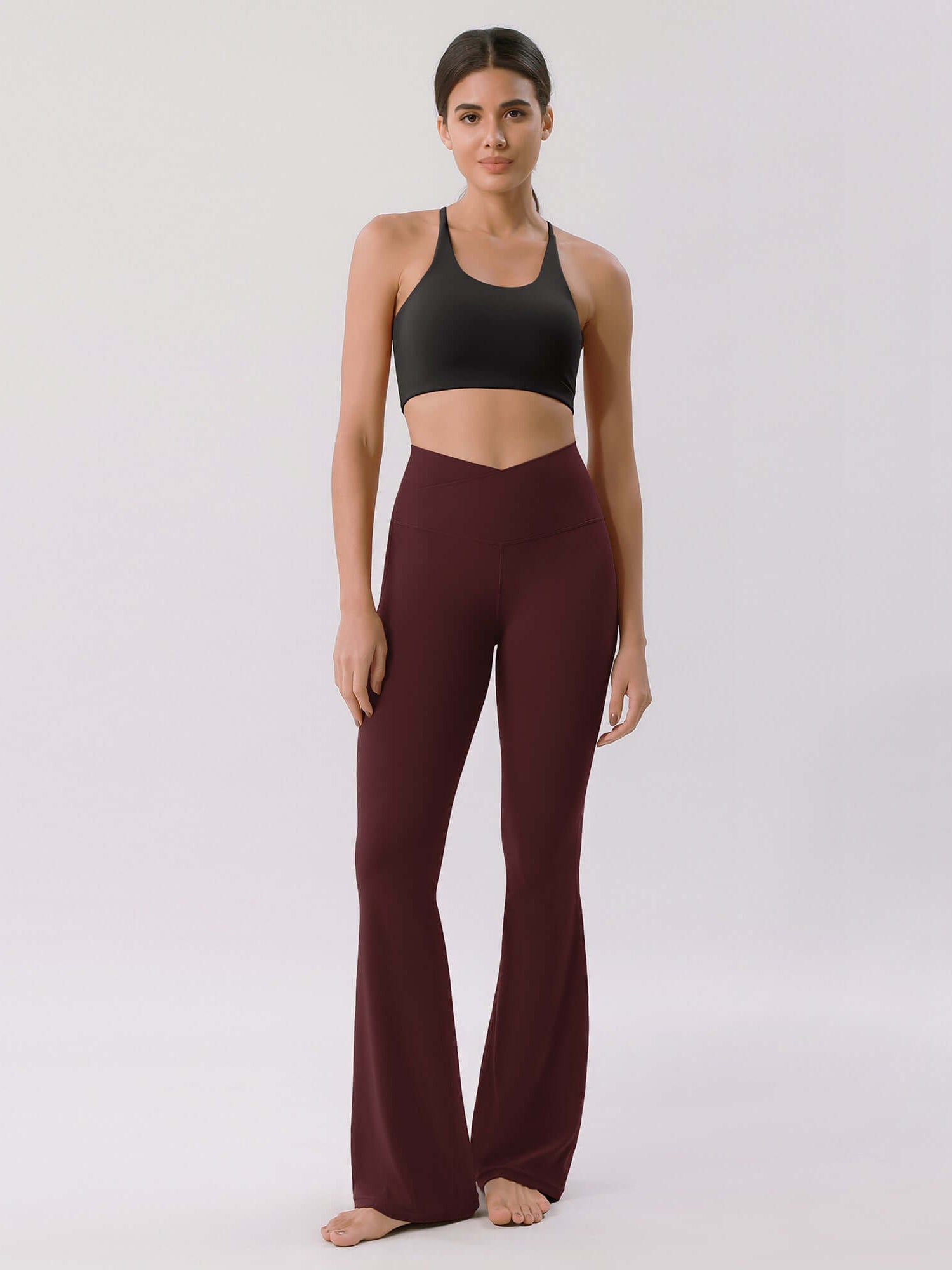 Cloud Feeling 32 Crossover High Waist Flared Pants Burgundy - ododos