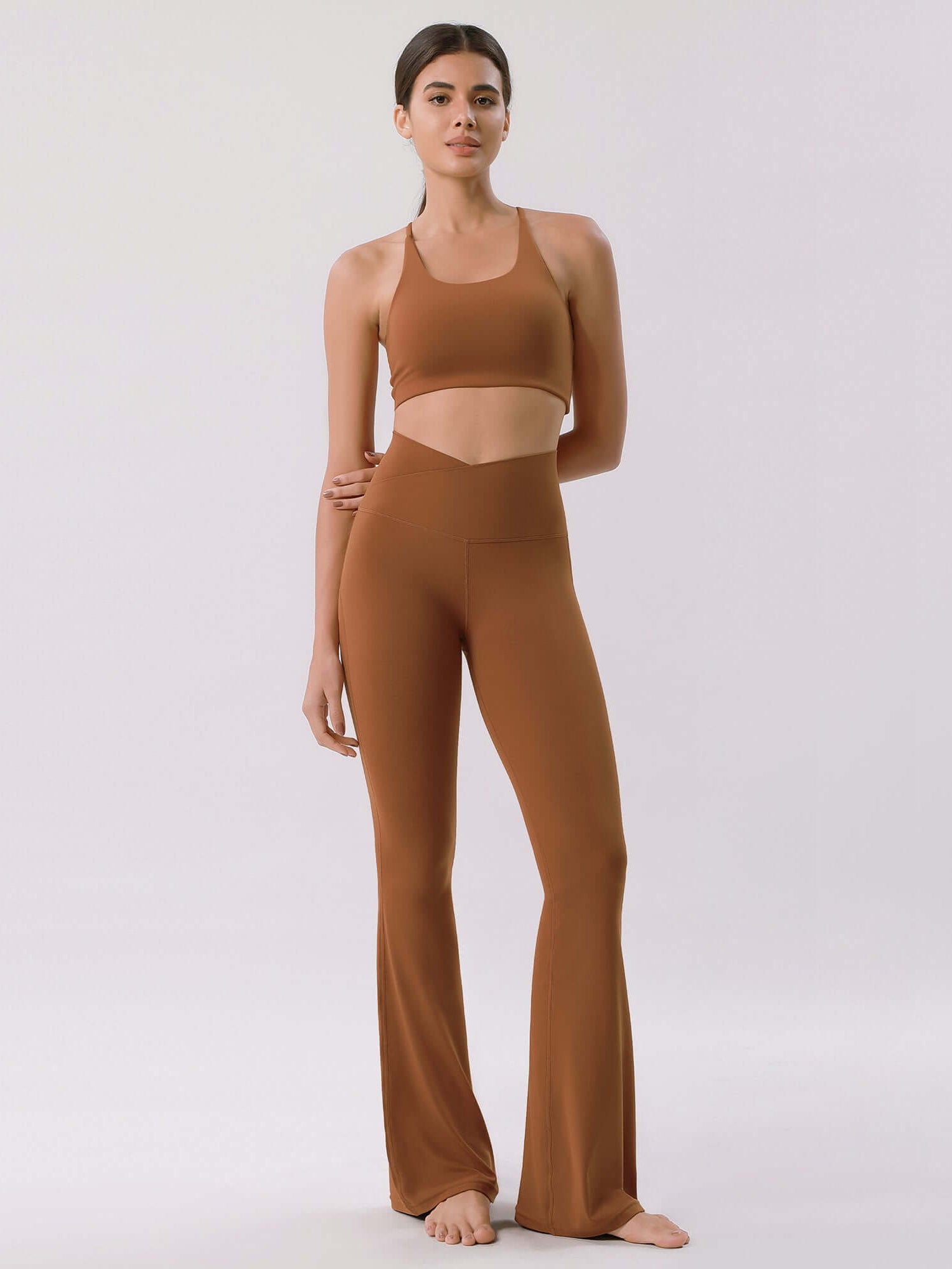 Cloud Feeling 30 Crossover High Waist Flared Pants Caramel - ododos