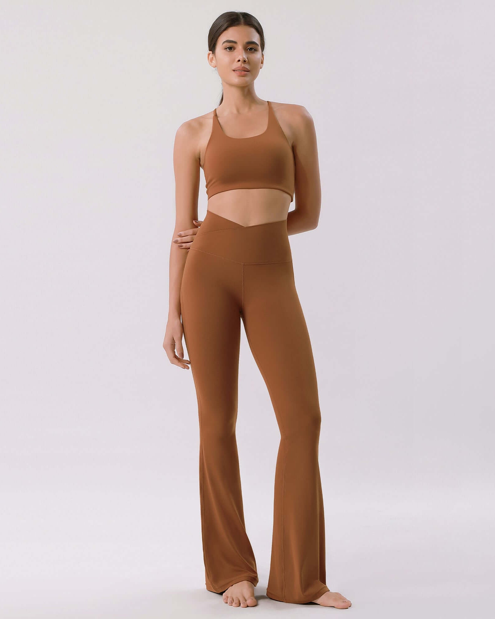 Cloud Feeling 32 Crossover High Waist Flared Pants Caramel - ododos