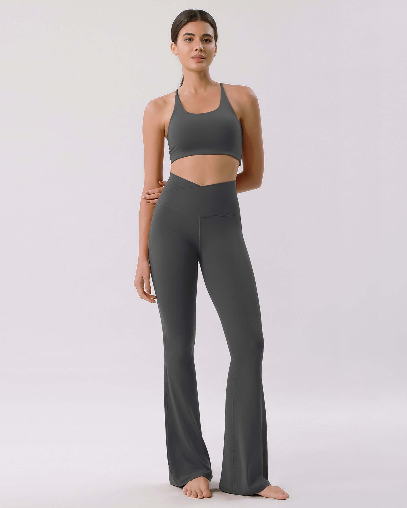 Cloud Feeling 30 Crossover High Waist Flared Pants Charcoal - ododos
