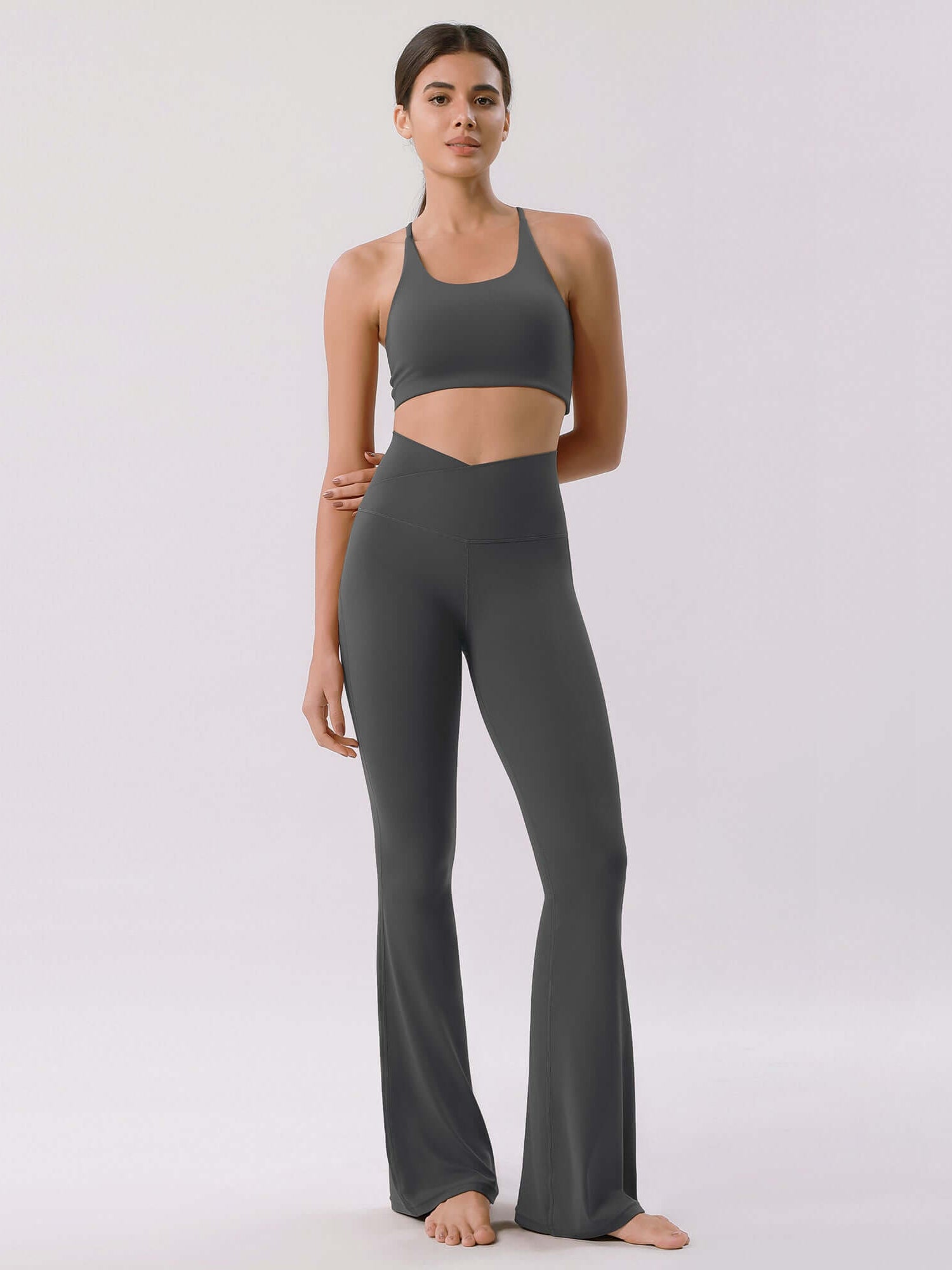 Cloud Feeling 30 Crossover High Waist Flared Pants Charcoal - ododos